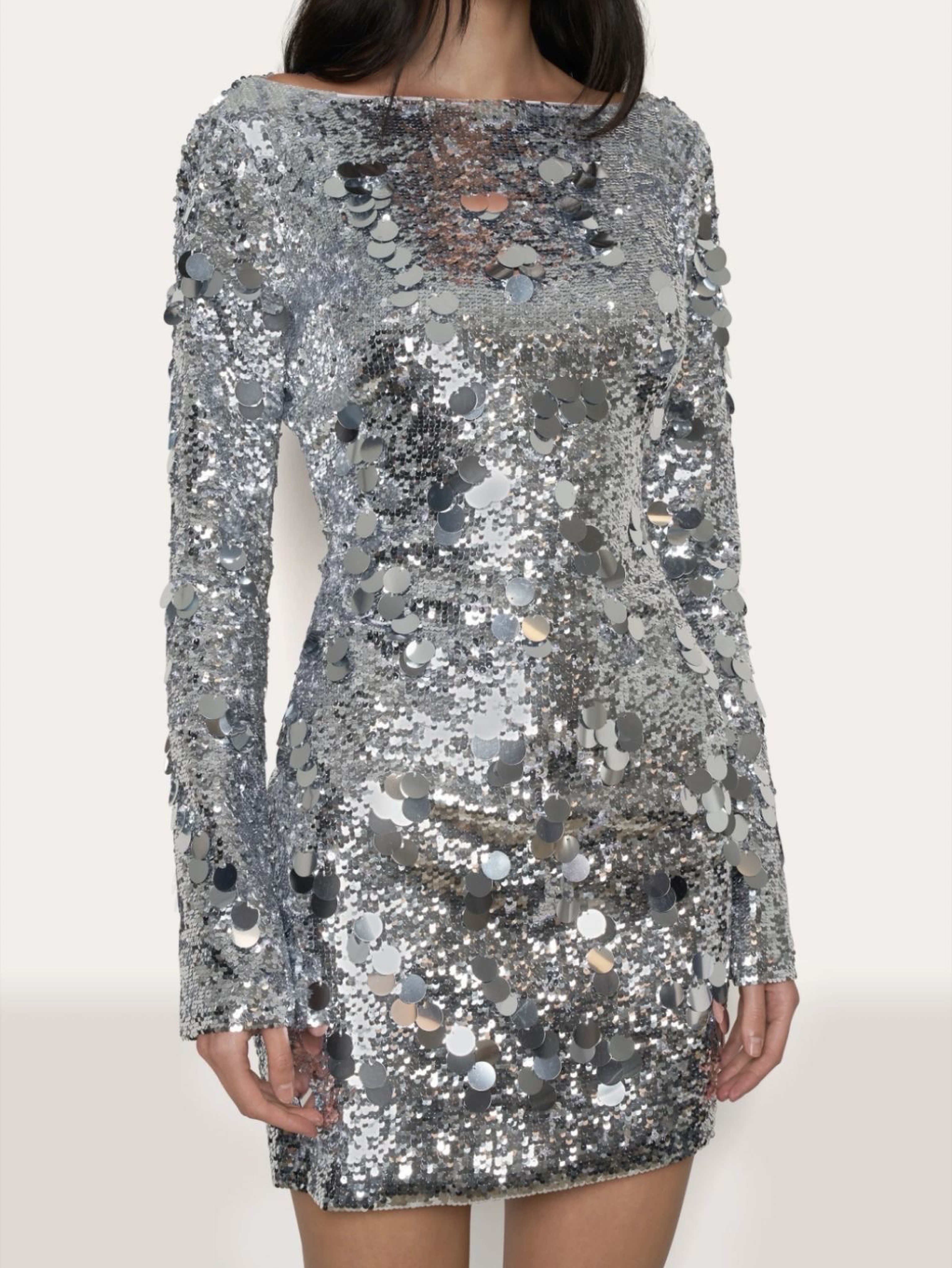 yente mini dress in silver Burgundy Silver Sequinned Halter Mini Dress - Silver