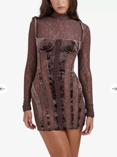 long sleeve lace corset mini dress in terracotta Brown Velvet Long-Sleeve by House of CB outdoor receptions Size:36W/30L Reuniontower com cotton occasion dress Ivory Junior Bridesmaid Dresses