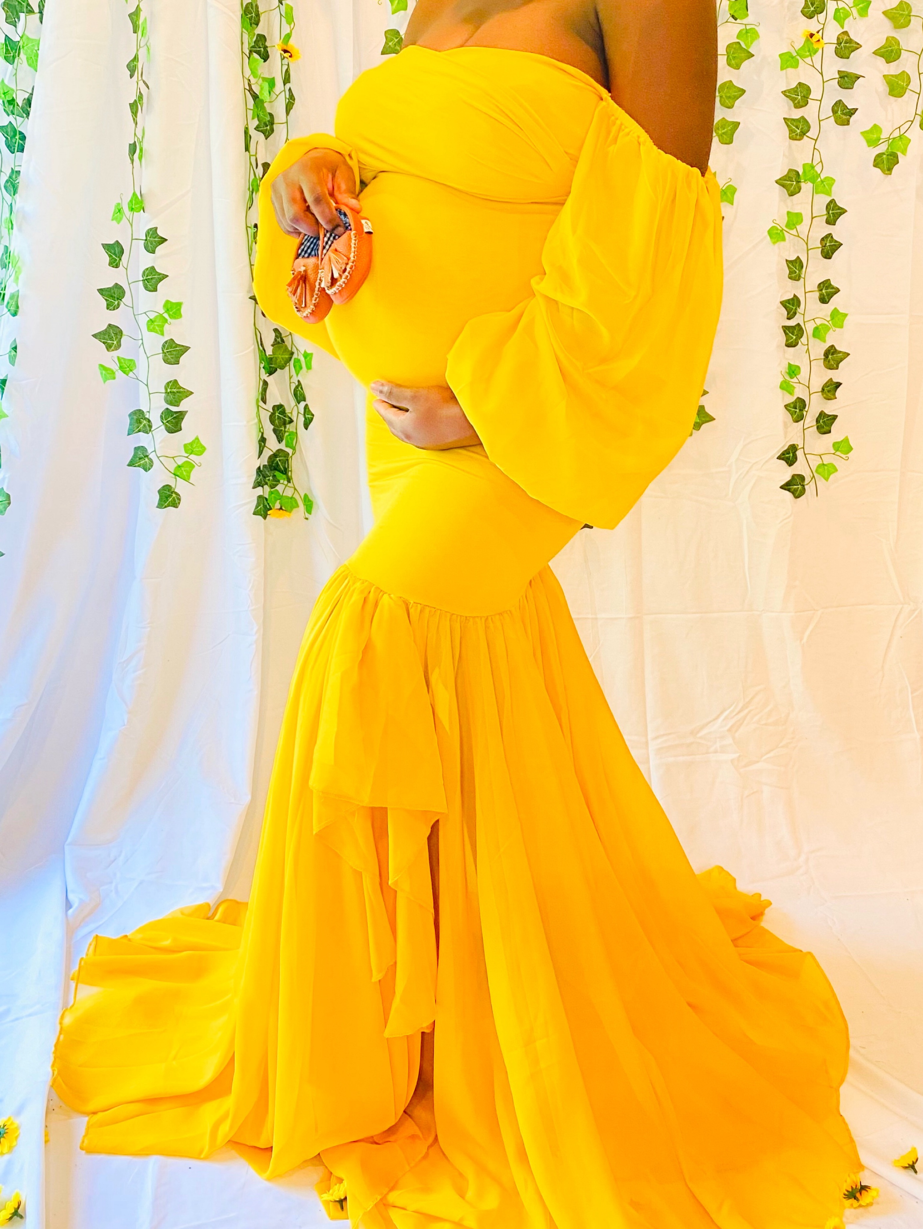 Radiant Marigold Mermaid Gown — m - Perfect for Weddings, Maternity Shoots & Galas