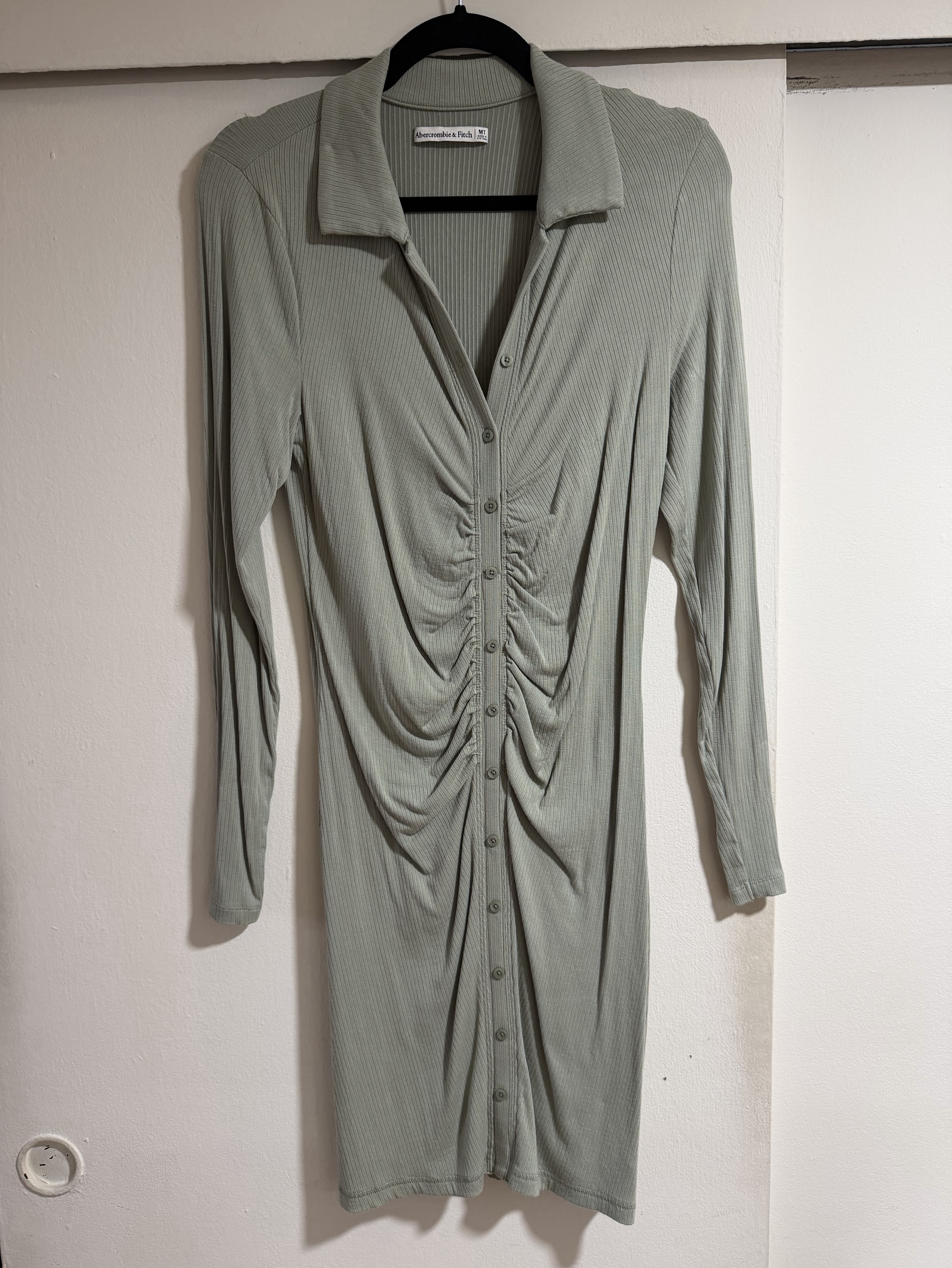 green ruched button dress Ruched Shirt Dress