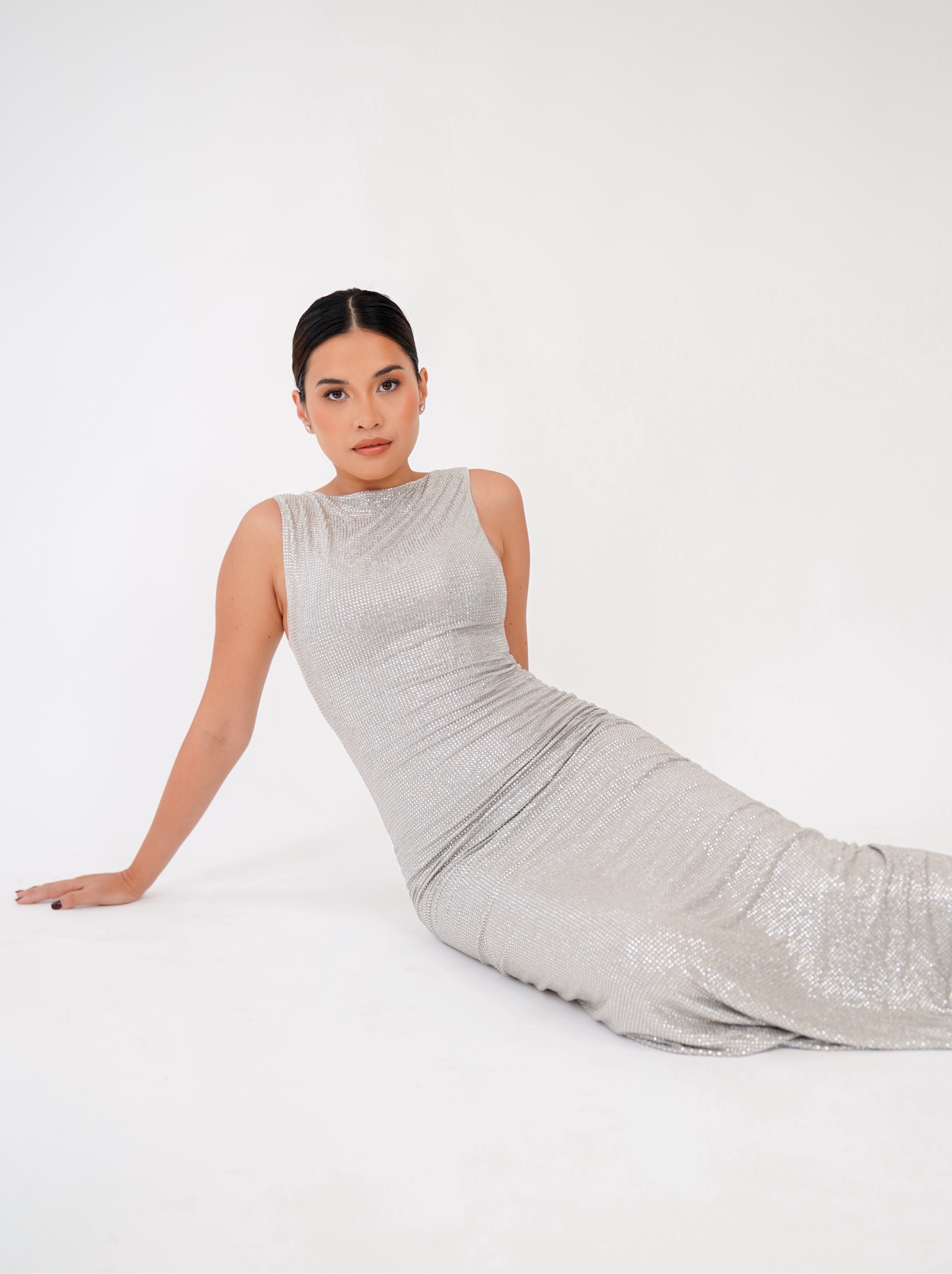 MESHKI Magnolia Sleeveless Diamante Maxi Dress in Silver
