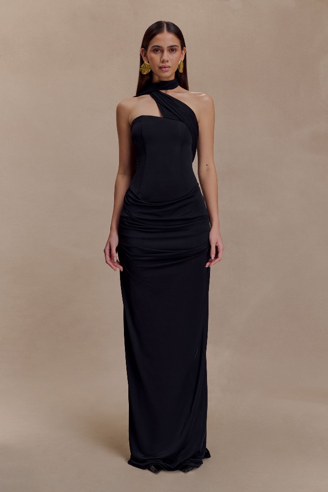 Mattea Slinky And Mesh Maxi Dress With Scarf