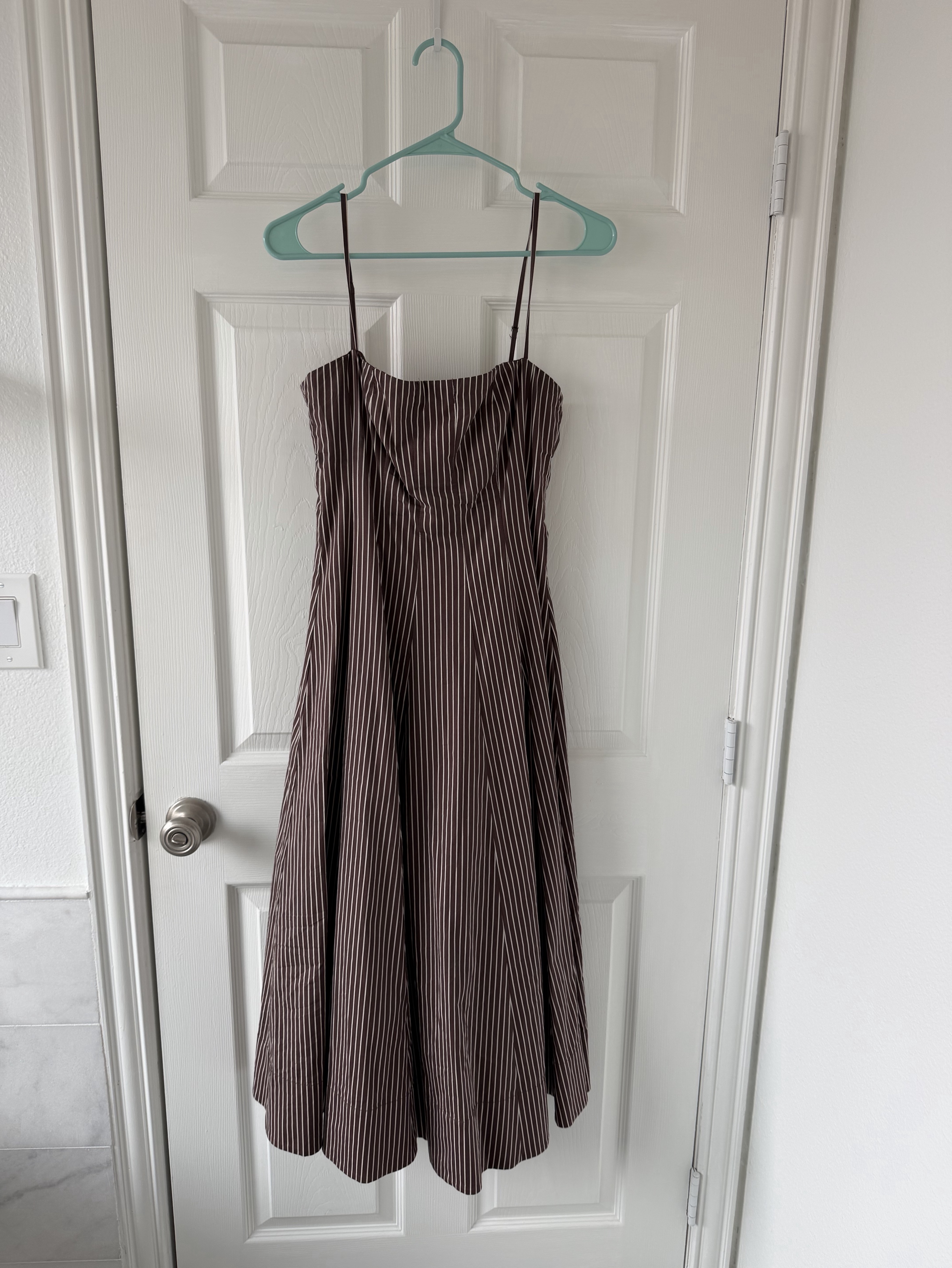 staud brown and white striped dress Ivory and Dark Oak Micro Stripe Rocco Mini Dress