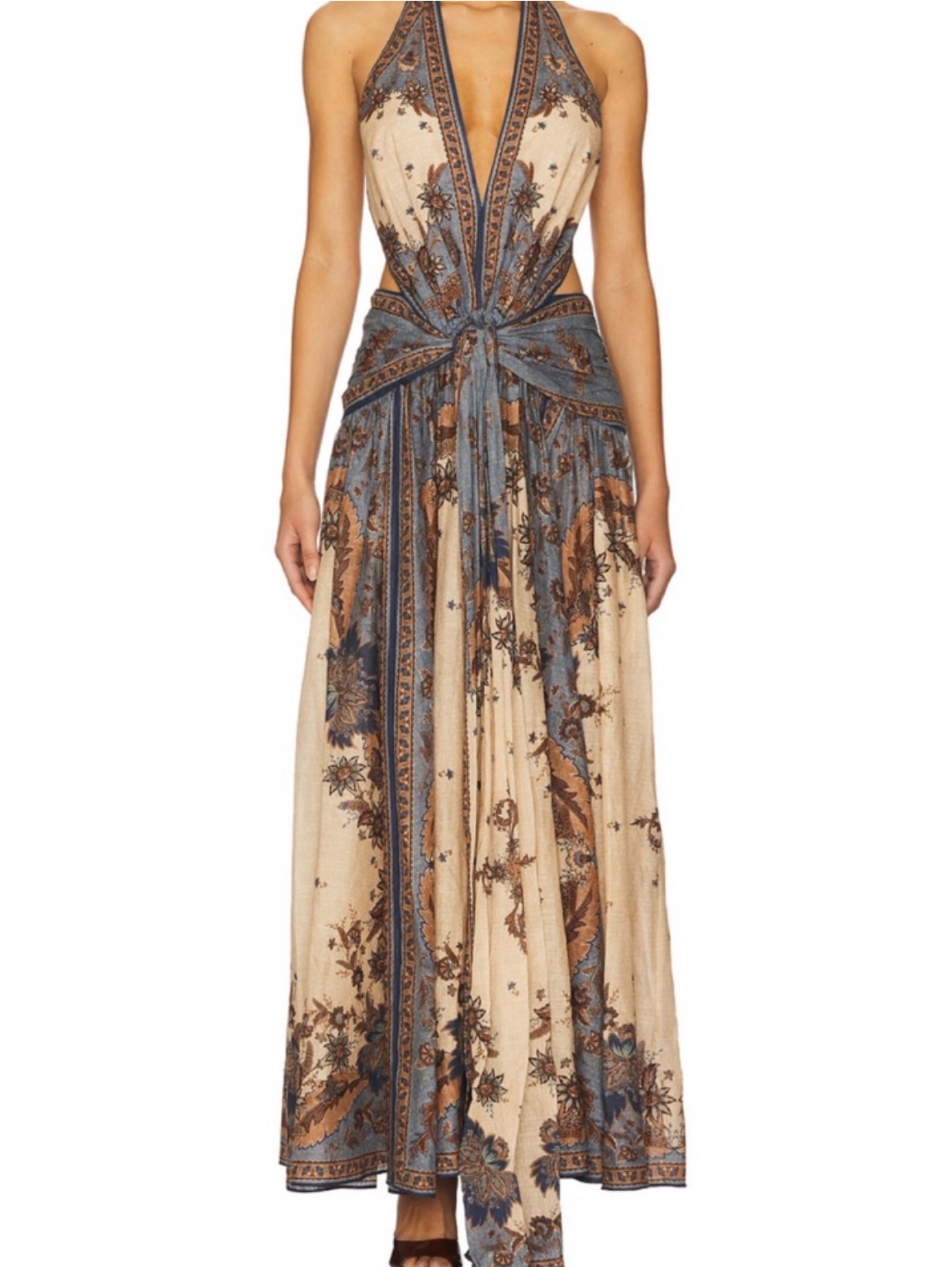 ZIMMERMANN Ascension Plunge Halter Maxi Dress in Blue & Cream Indienne Floral
