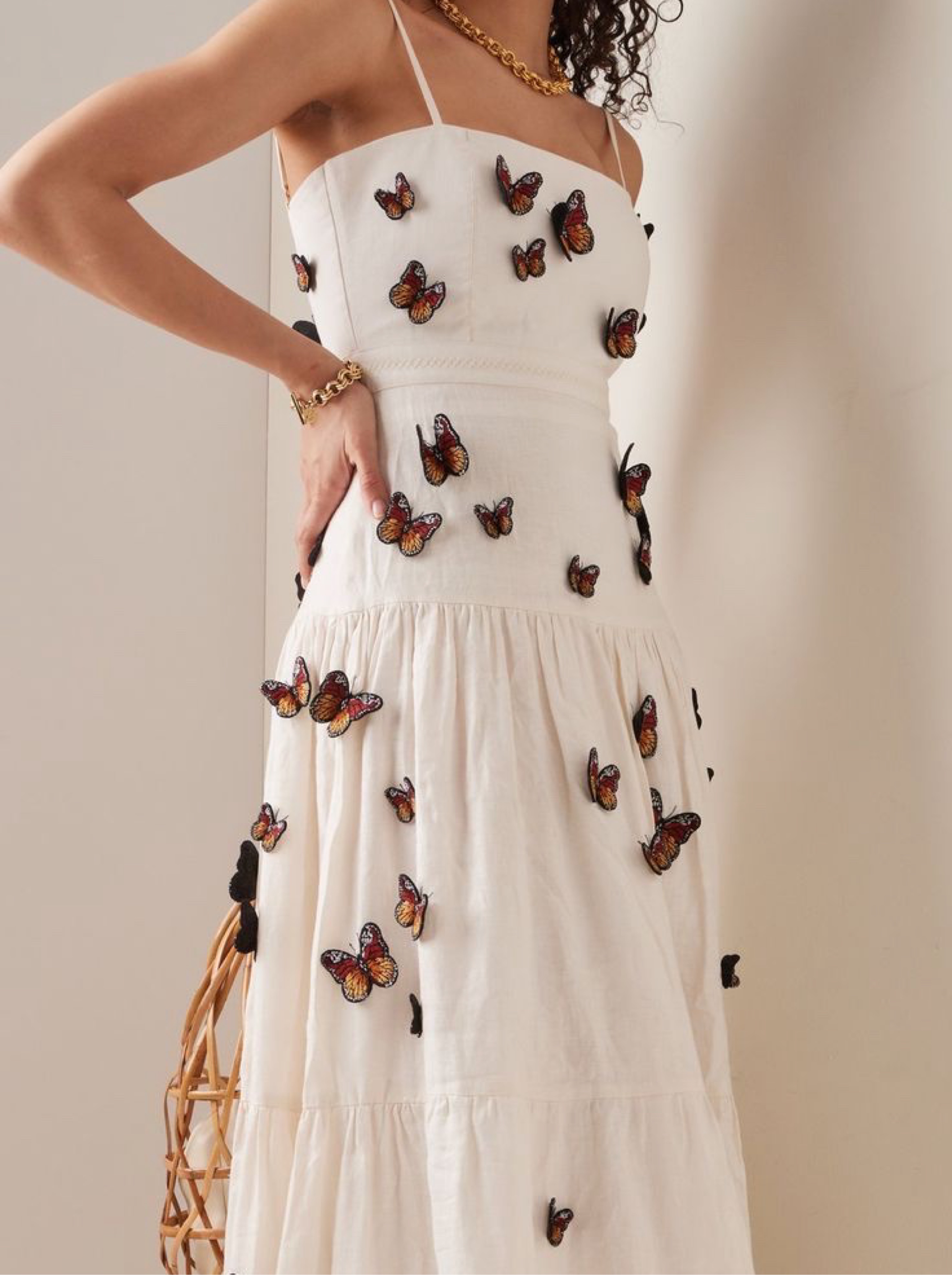 Agua Bendita Butterfly Appliqué Lima Linen Maxi Dress in White