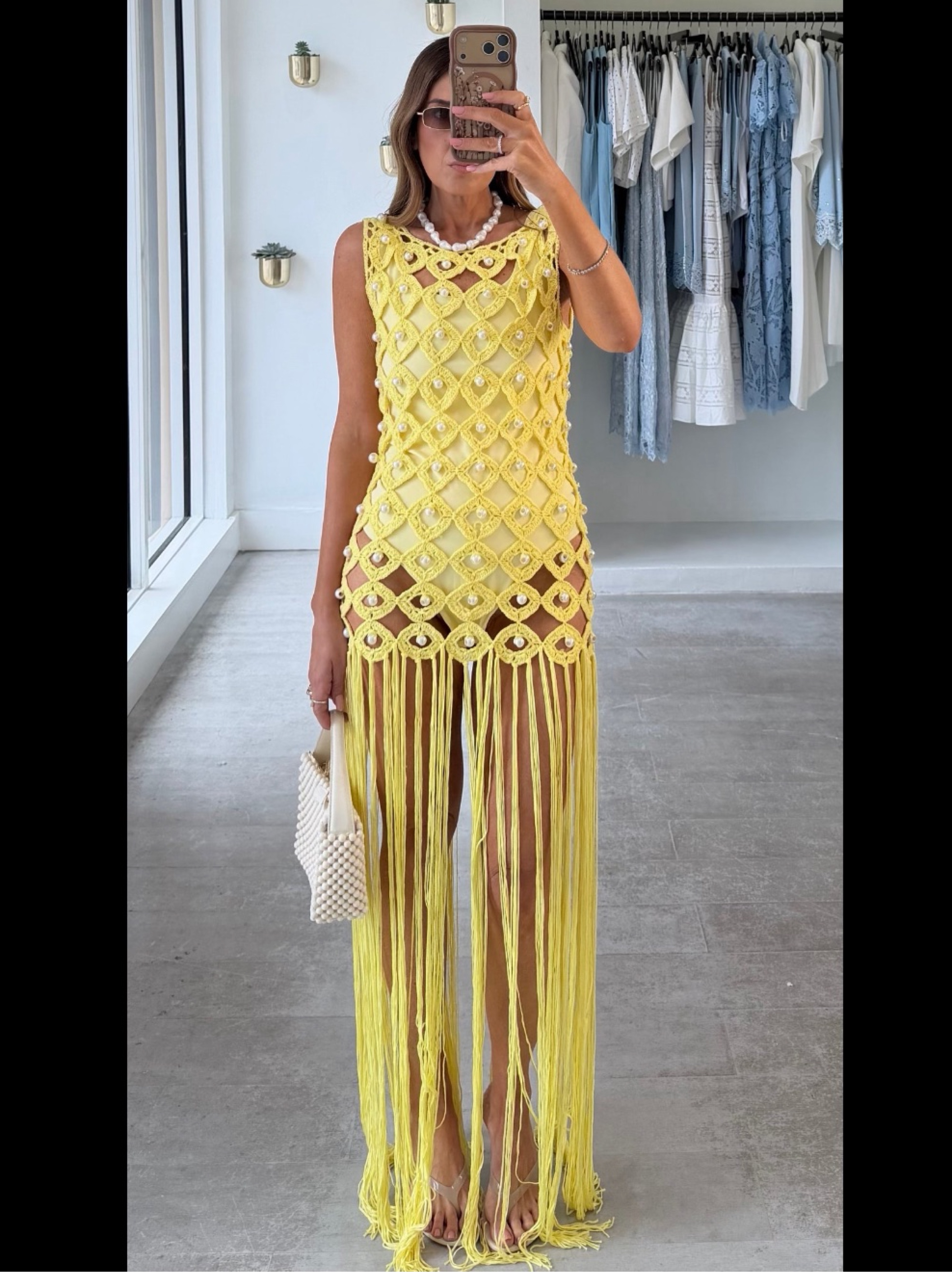 STYLEBYGG Limoncello Pearl Crochet Cover Up with Fringe in Yellow