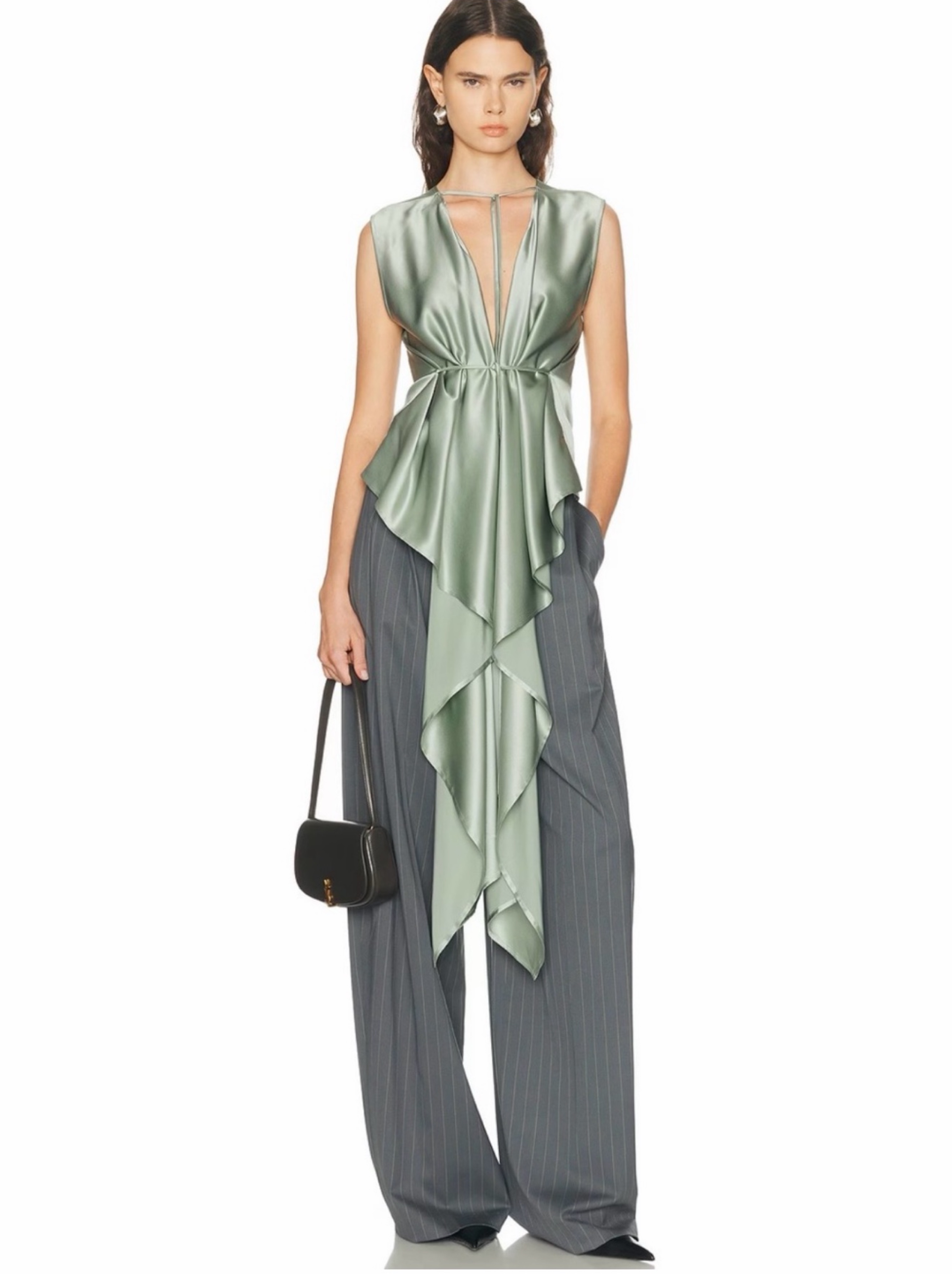 Helmut Lang Green Silk Scarf Drape Top in Aqua Gray