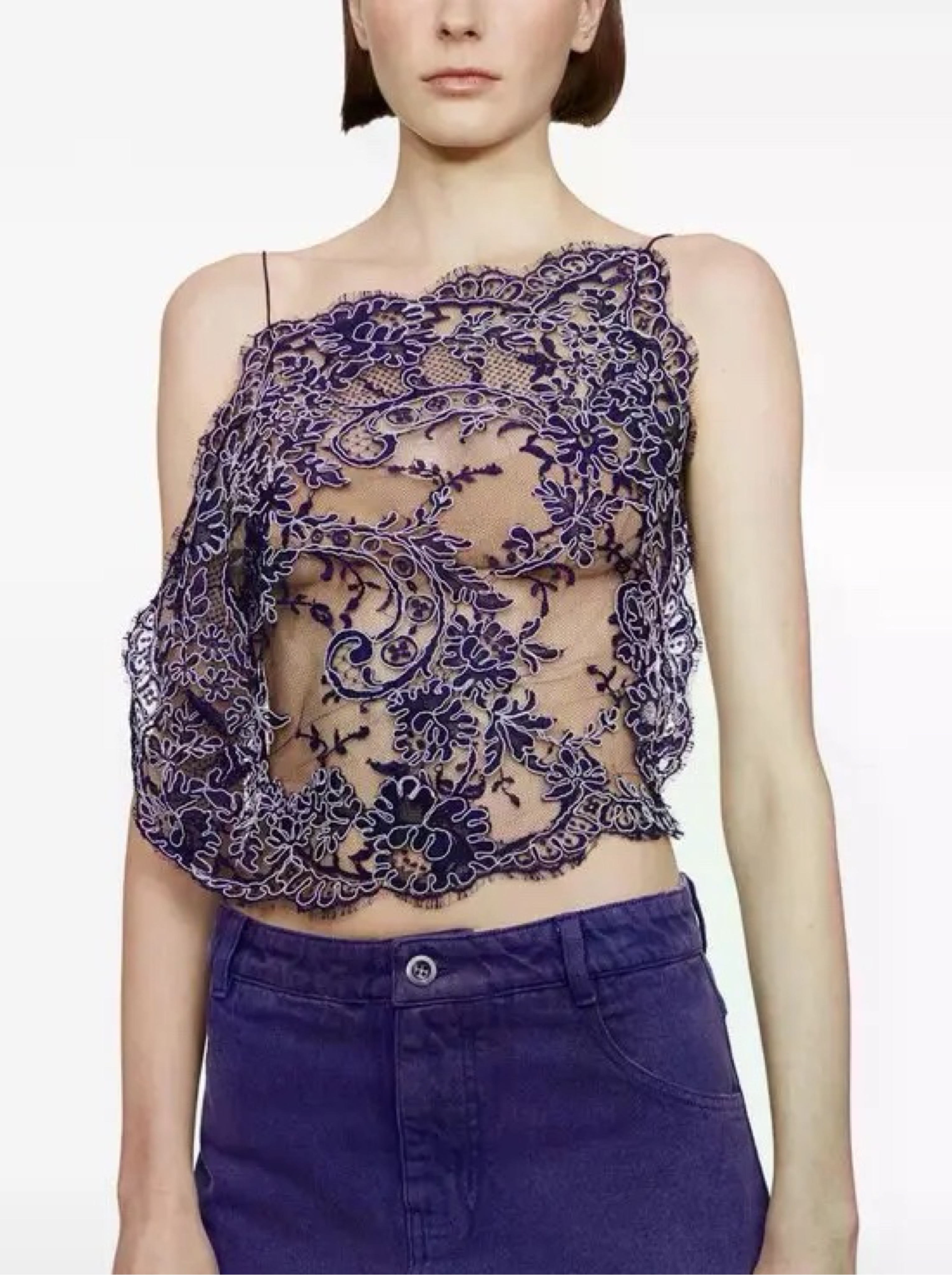 Christopher Esber Iris Floating Asymmetrical Floral Lace Top in Purple Violet with Open Back