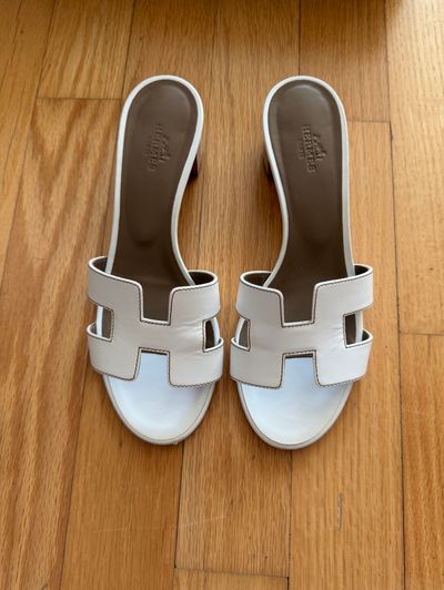 Hermes oasis White Leather Block Heel Sandal Mule by Hermes | Pickle
