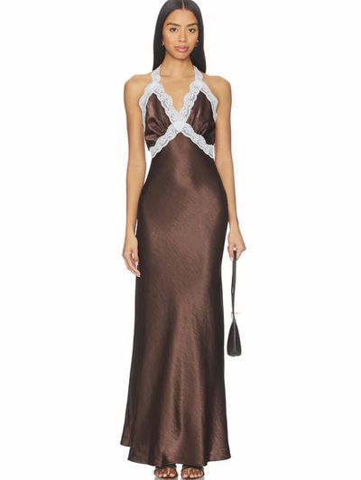 SNDYS Brown Satin Lace Halter Maxi Dress by SNDYS | Pickle