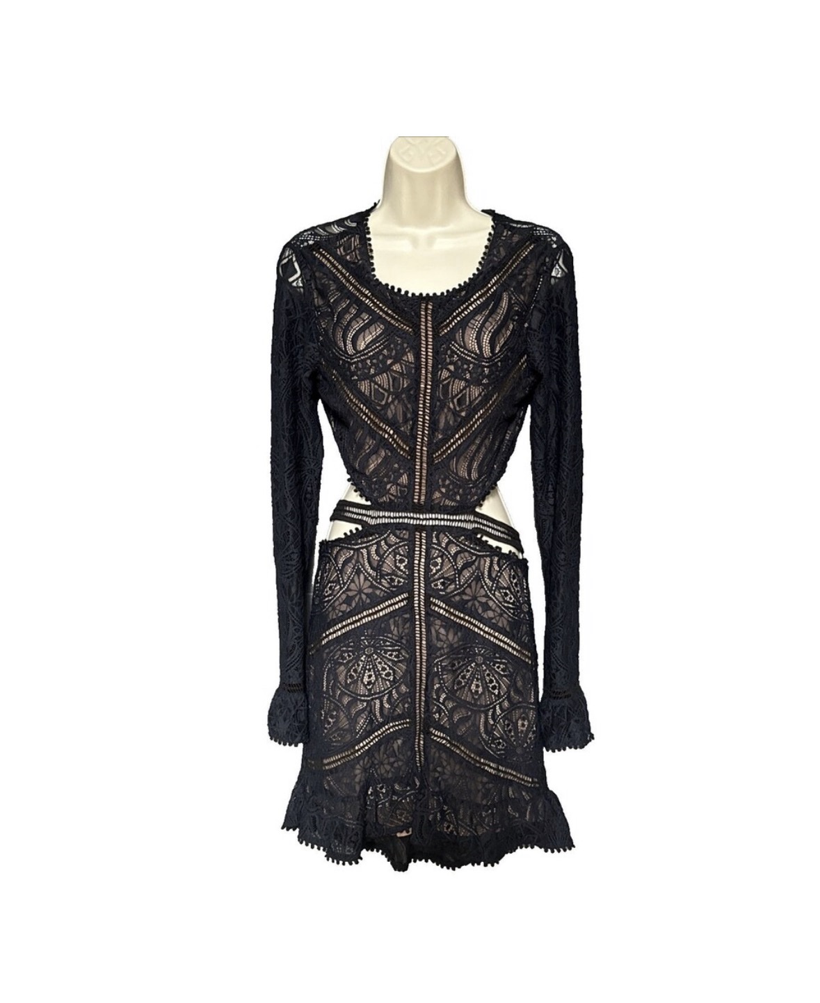 for love and lemons black long sleeve dress For Love & Lemons Waverly Lace Mini Dress in Black