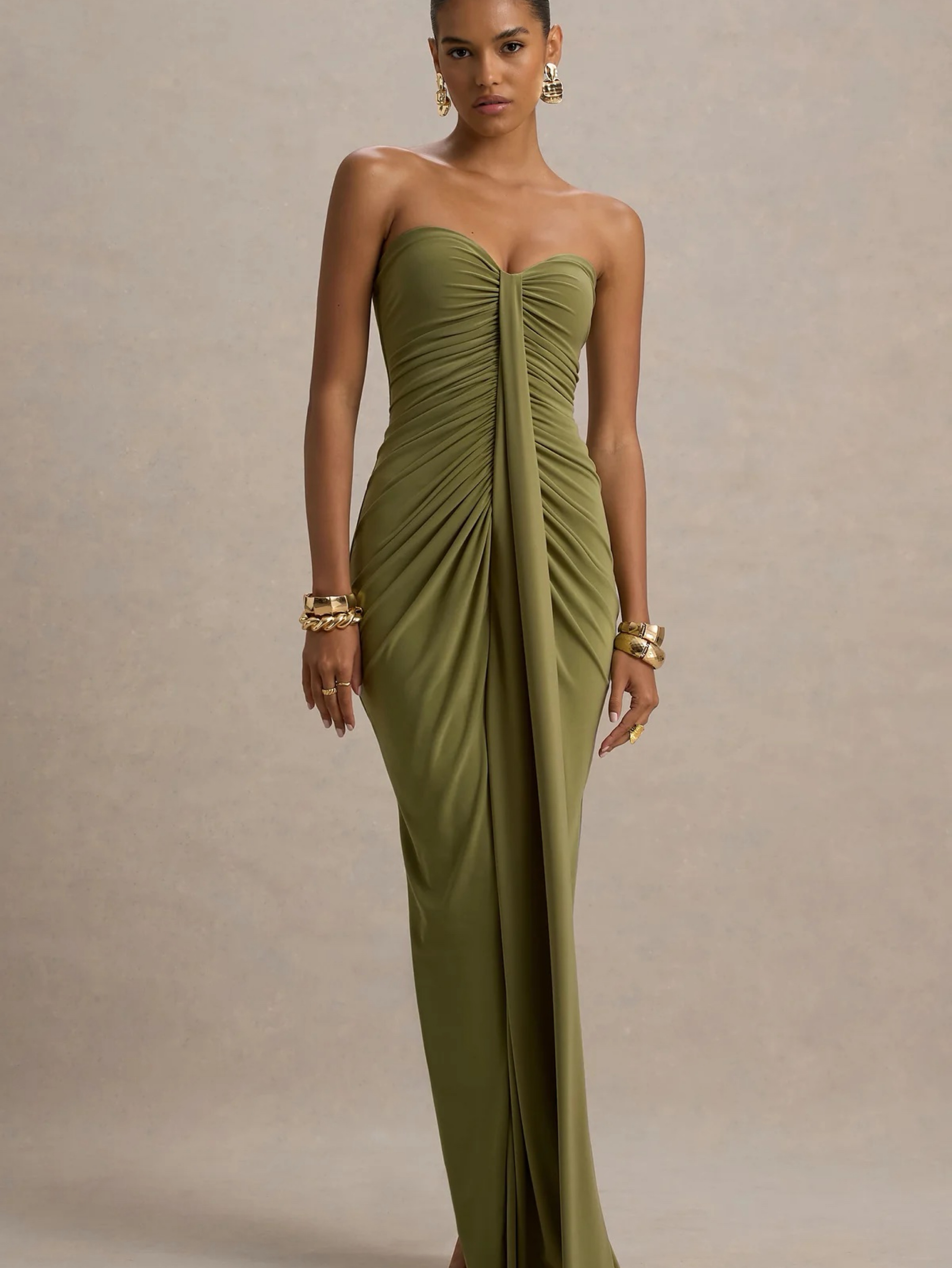 Olive Green Ruched Strapless Maxi Dress by Club L London - Pickle Olive Green Ruched Strapless Maxi Dress by Club L London - Pickle