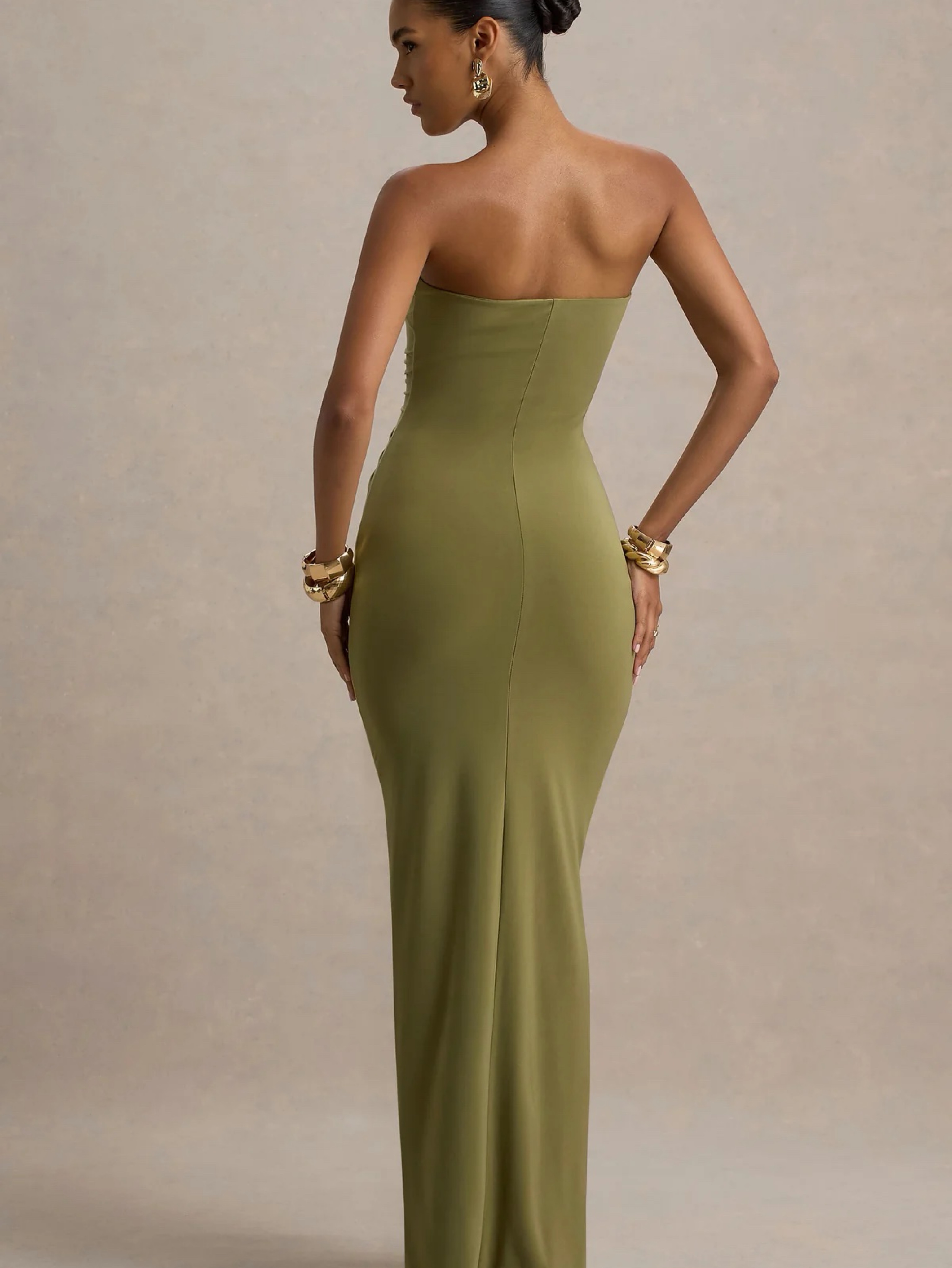 Olive Green Ruched Strapless Maxi Dress by Club L London - Pickle