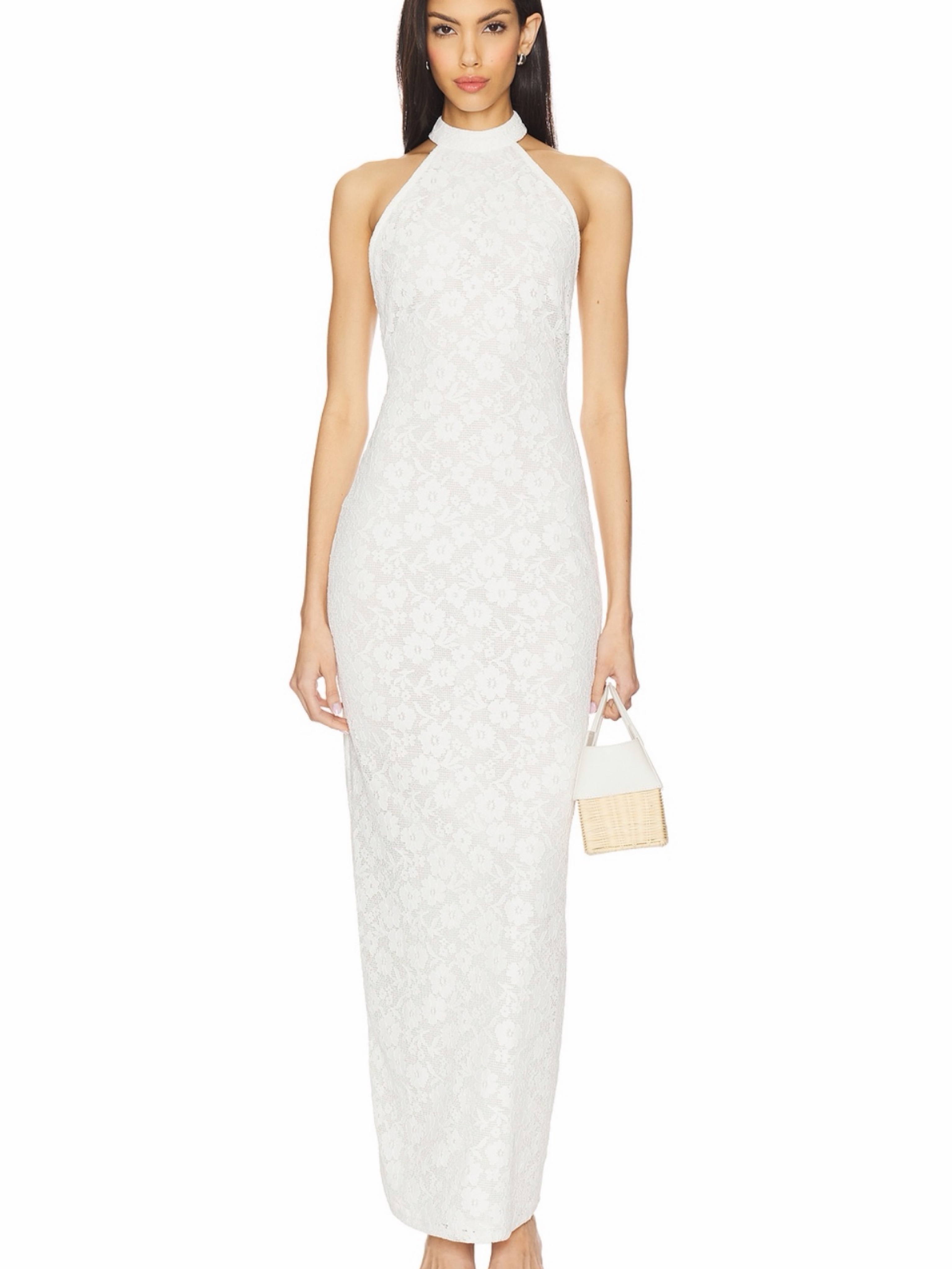 White Halter Lace Maxi Dress