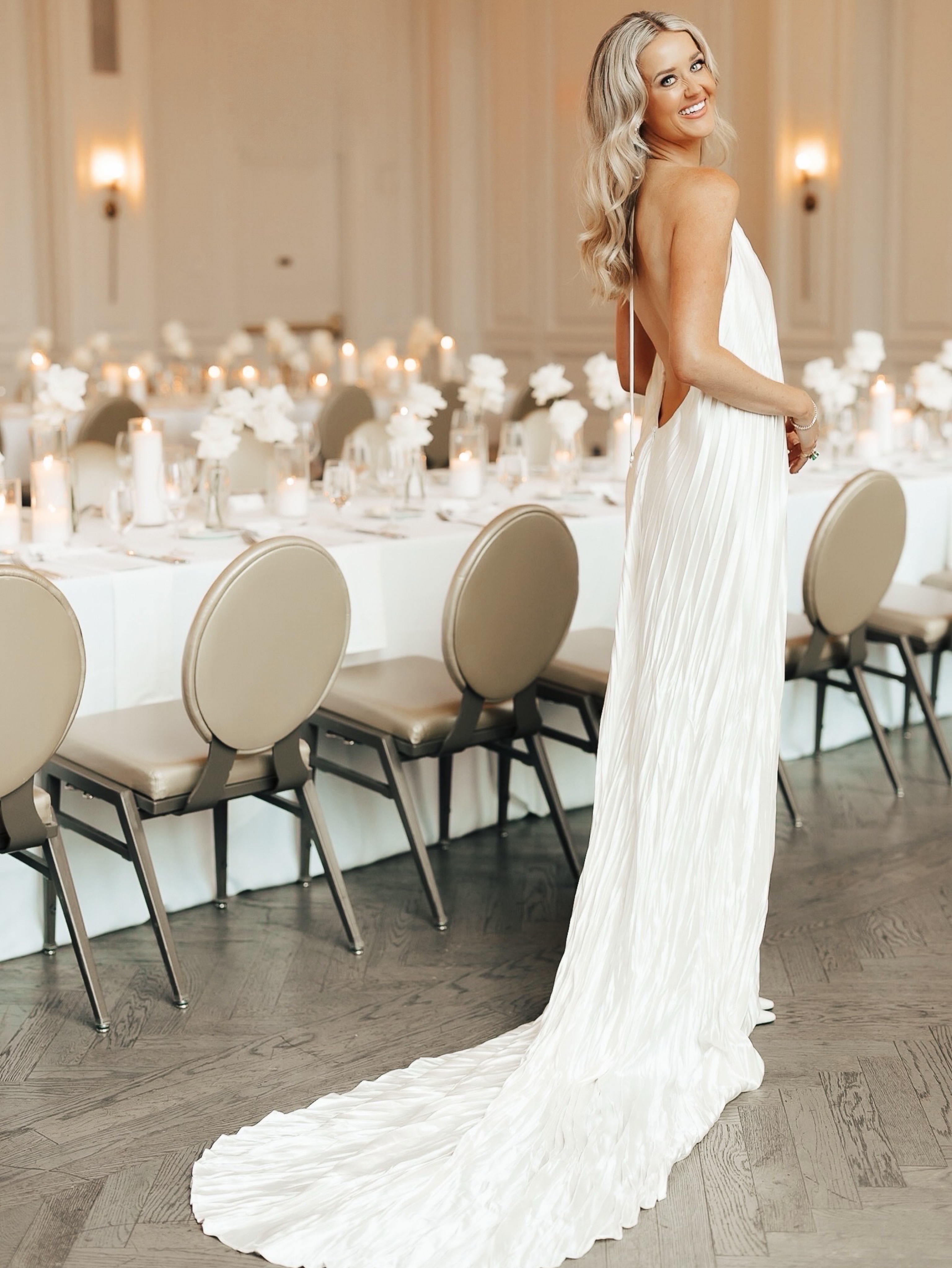 Danielle Frankel Silk Plisse Halter neck Gown