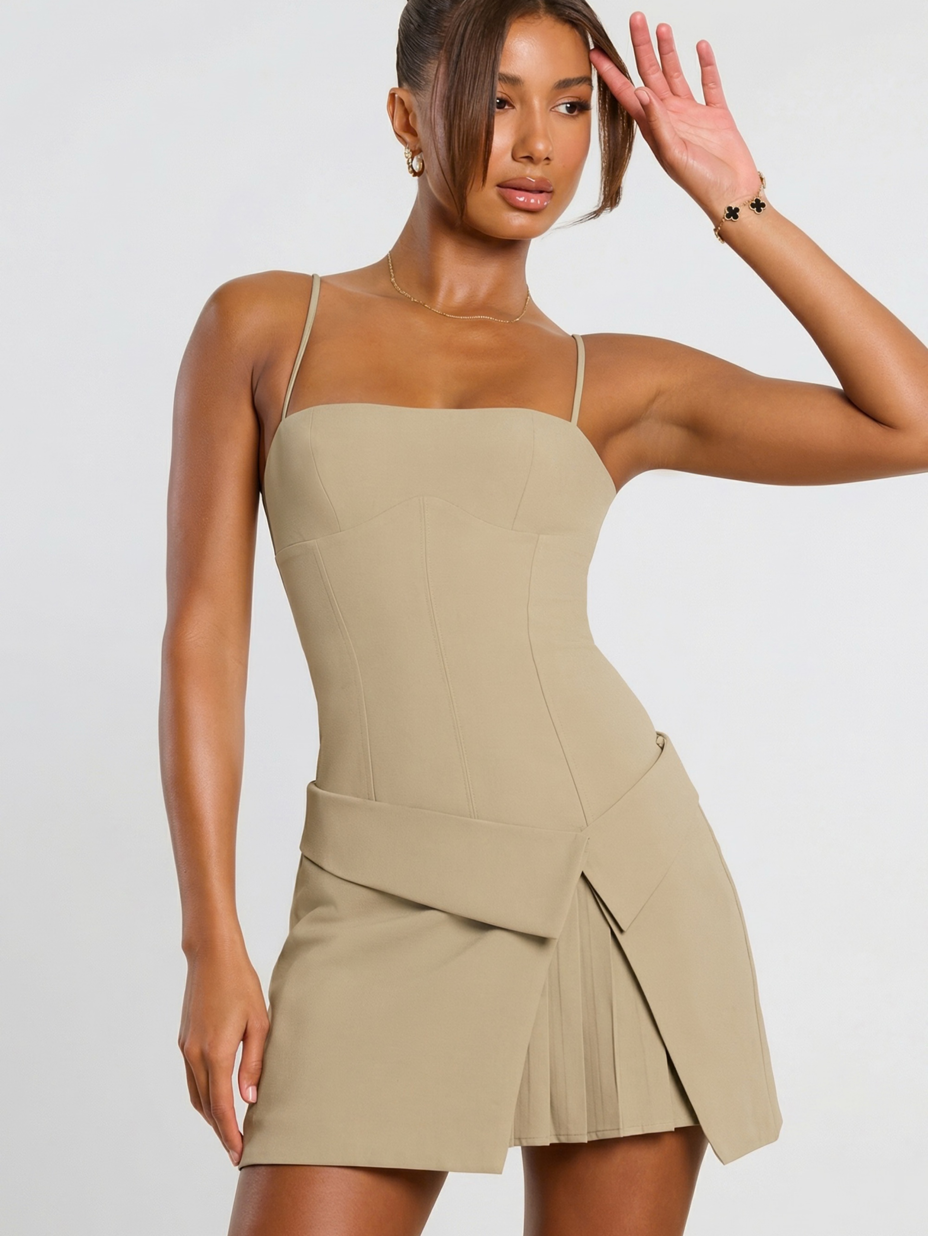 Oh Polly Woven Twill Wrap Over Pleated Mini Dress