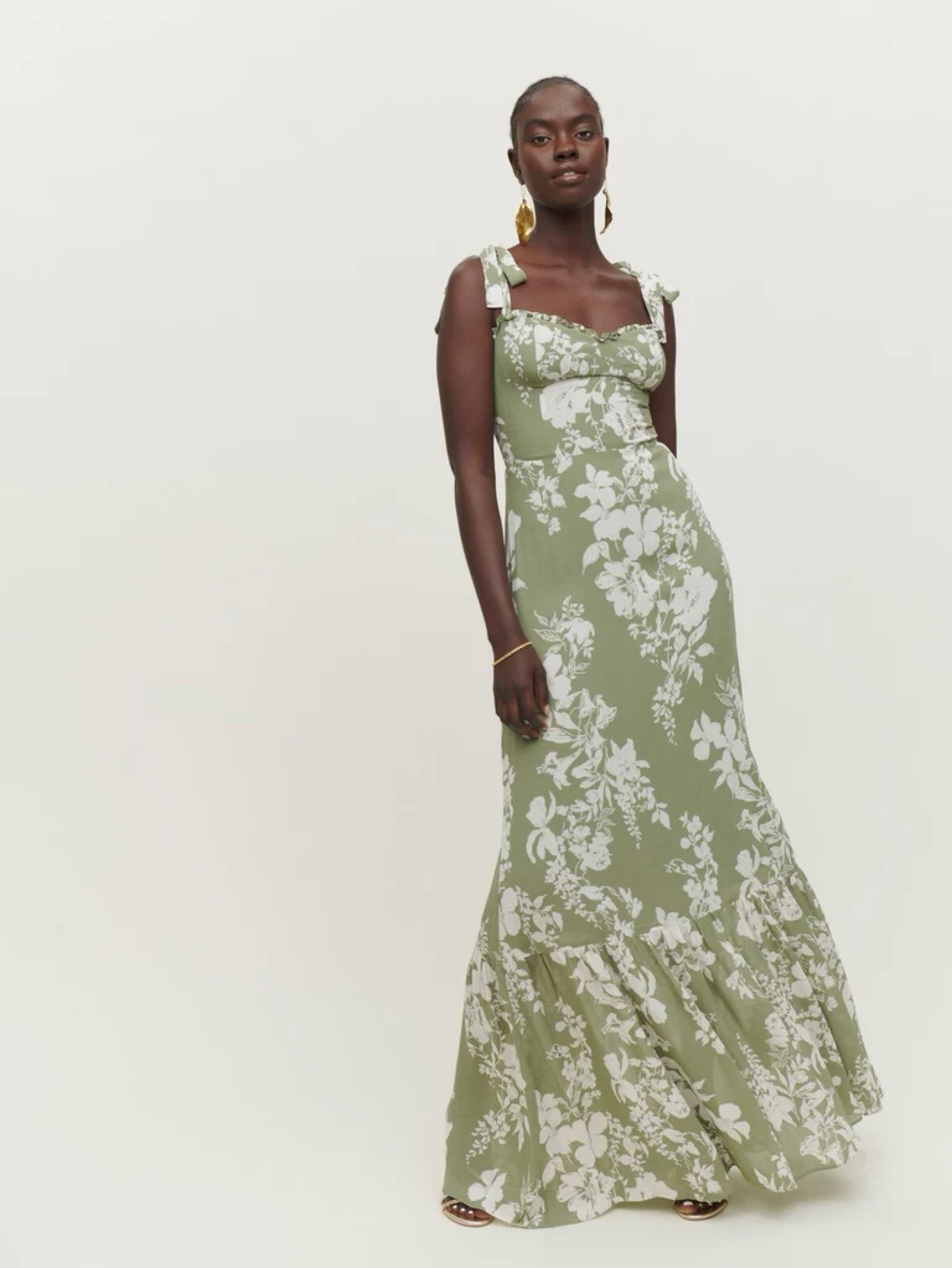 reformation jasen dress green REFORMATION Jasen Ruffled Georgette Maxi Dress