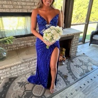 red sexy prom dresses Red Sexy Prom Dress 2023 Mermaid Strapless Draping Satin with Sllit 8 / Same as sample