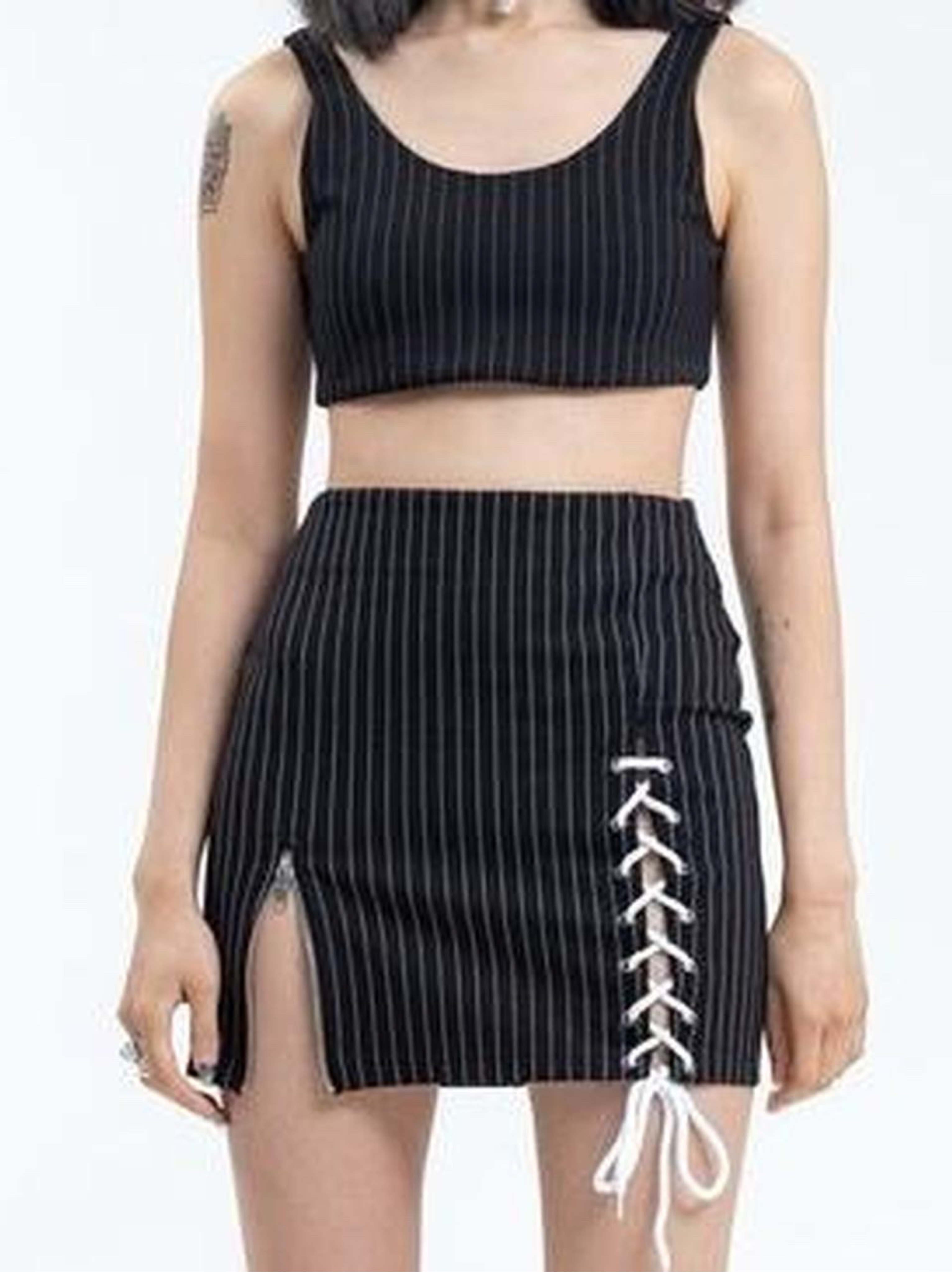 Danielle Guizio Black Pinstripe Lace-Up Mini Skirt and top set