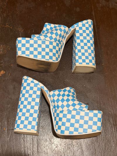 Steve Madden Trixi Blue and White Checkered Chunky Heels by Steve