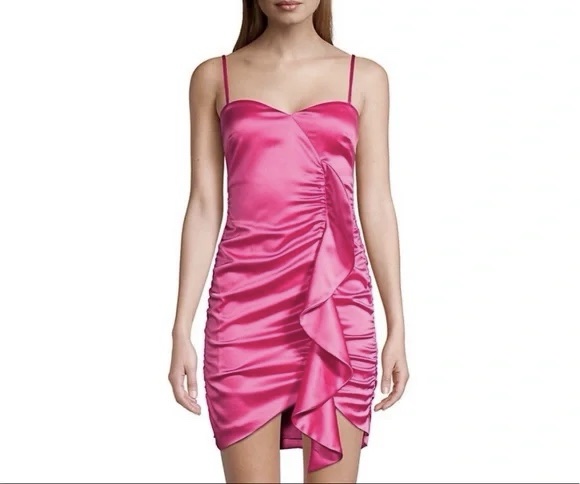 LIKELY Hot Pink Satin Ruched Mini Dress