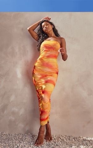 Pretty Litrle Thing Orange Floral Mesh Bandeau Ruched Maxi Dress