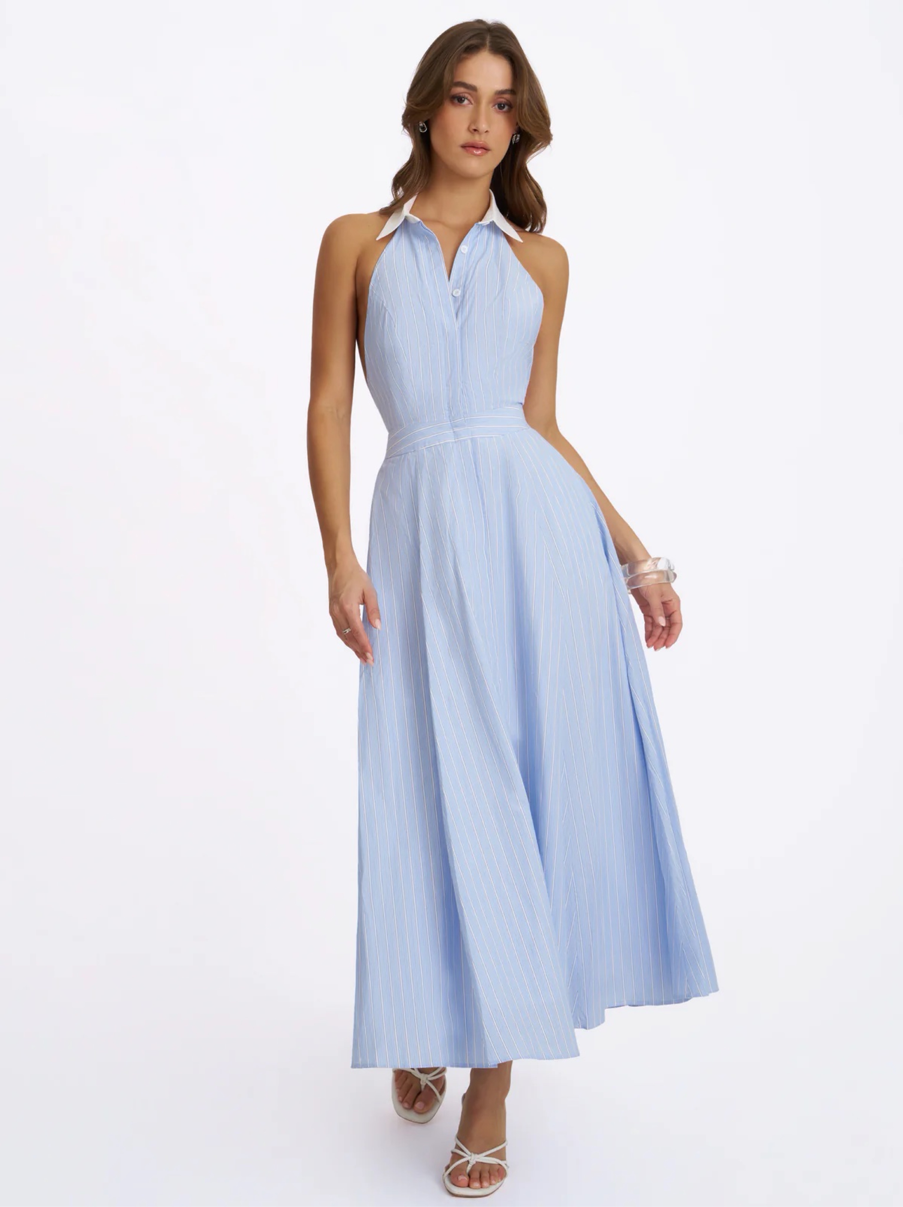 pinstripe halter dress Light Blue Pinstripe Halter Midi Dress by Miss Circle New York