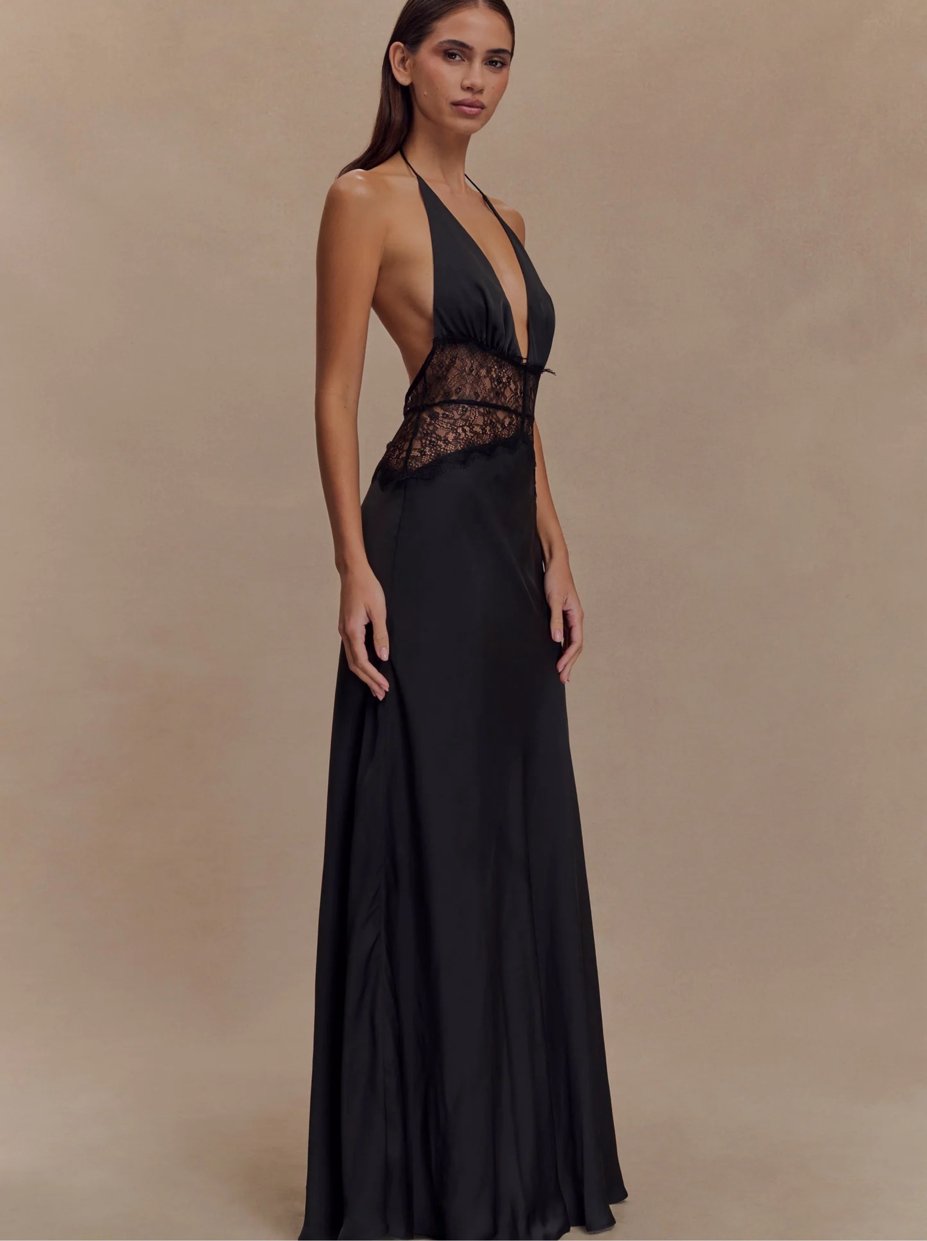 lace waist maxi dress Bonnie Slinky And Lace Maxi Dress / Black | MESHKI