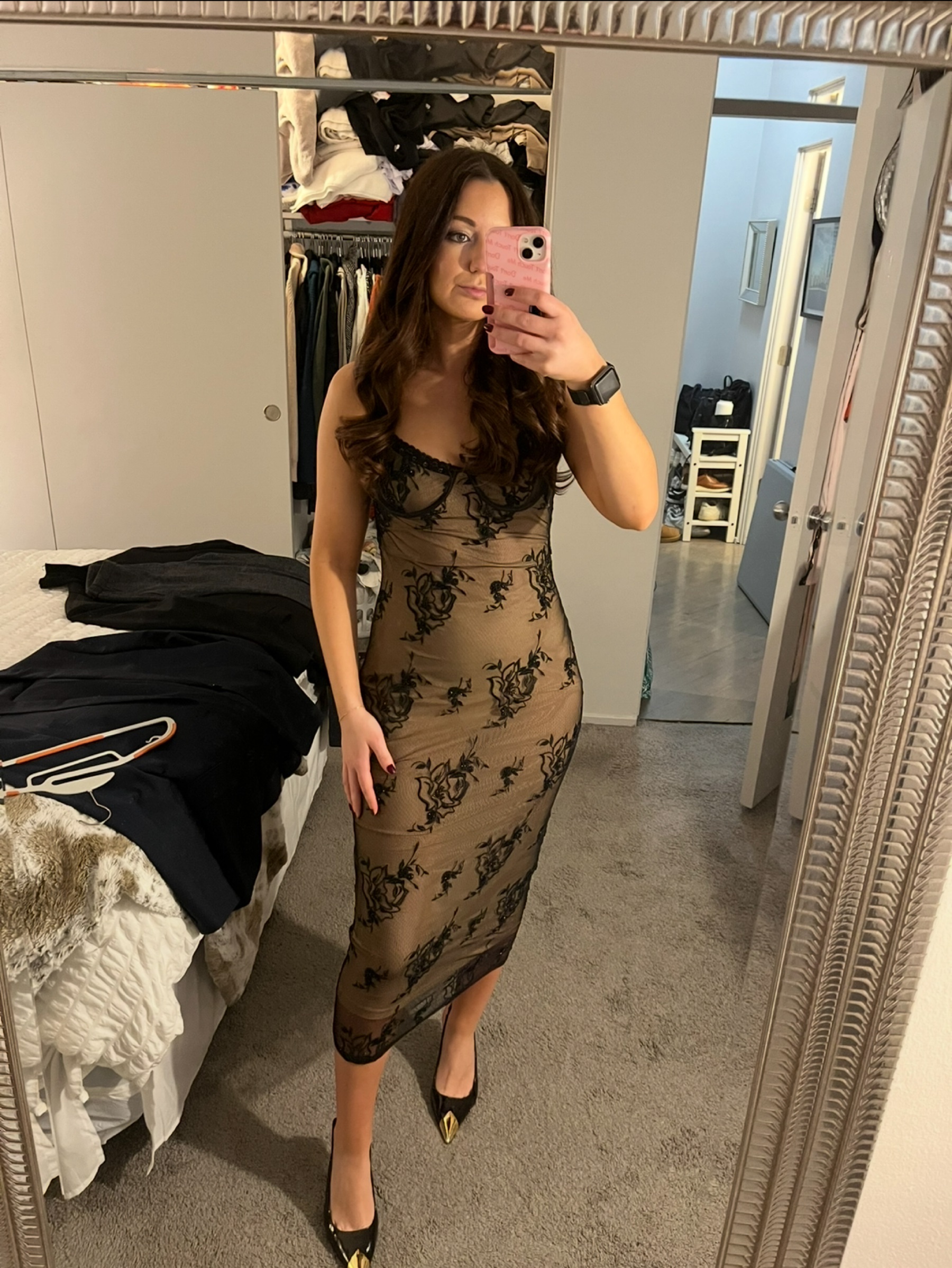 Meshki Tan Floral Lace Midi Dress by MESHKI