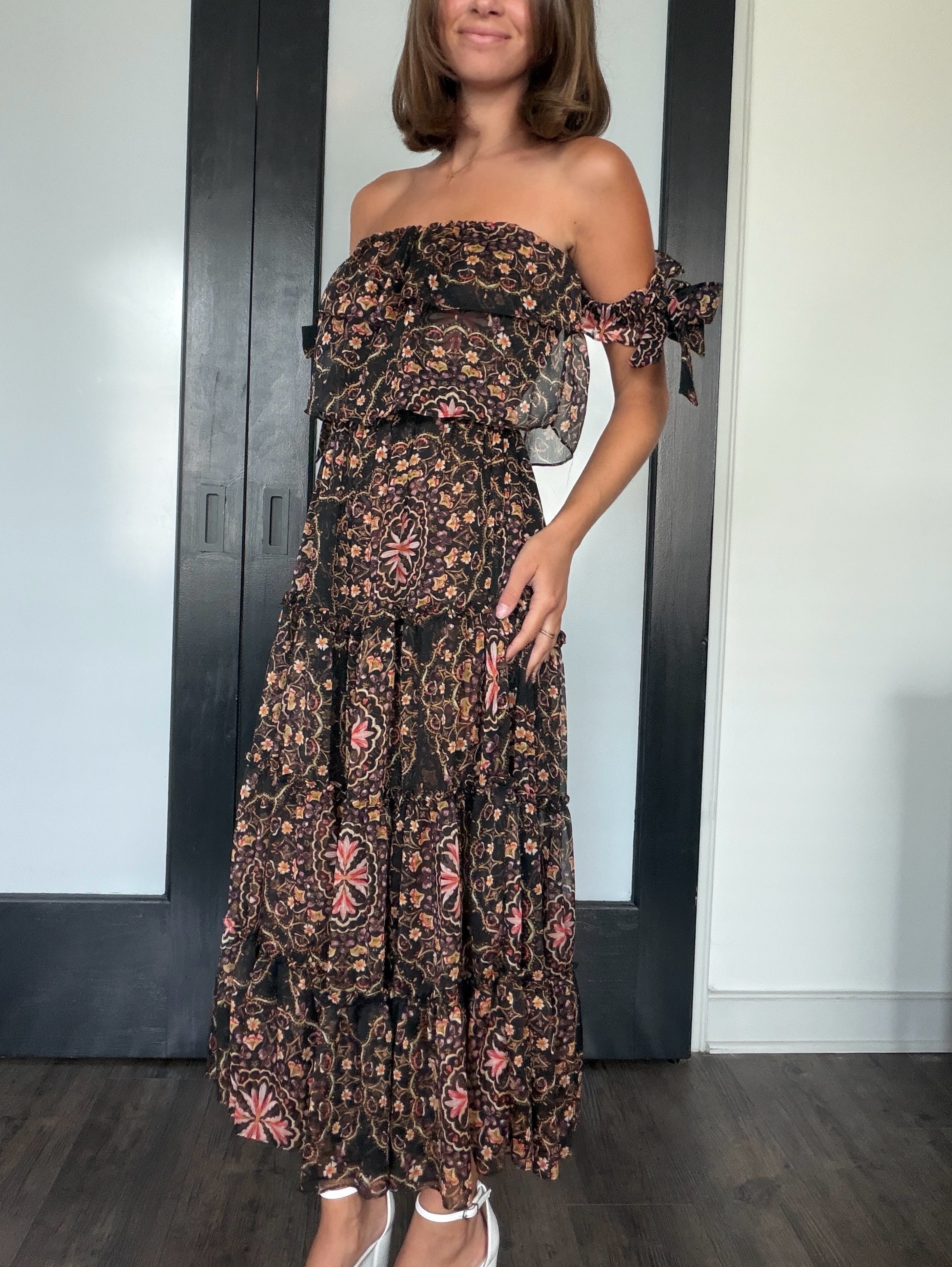 misa los angeles dress Ahreana Tiered Ruffle-Trim Floral Maxi Crafted from a stretch knit jacquard MISA Los Angeles Dresses