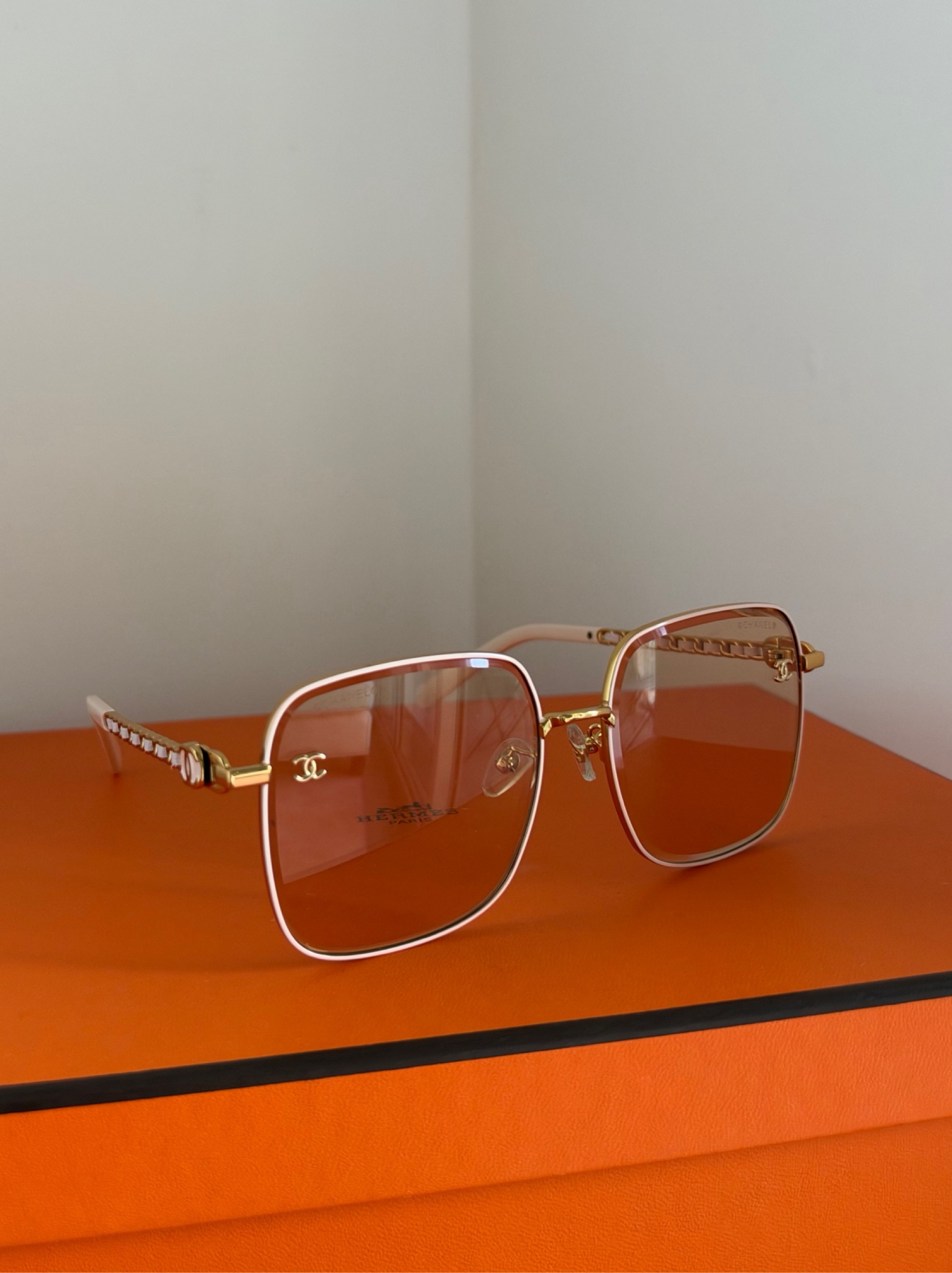 Chanel pink and Gold Square Sunglasses by Chanel | Pickle