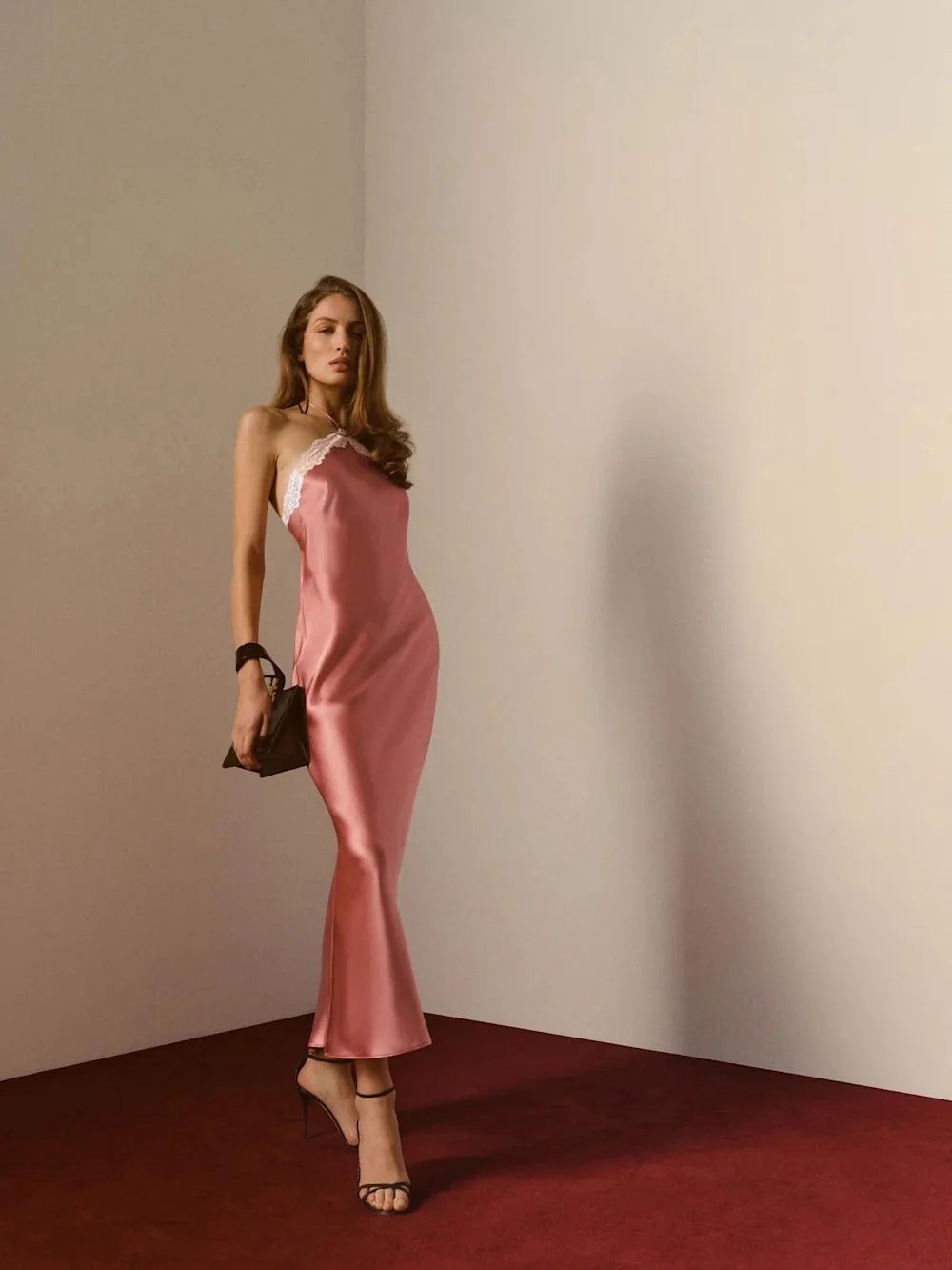 Reformation pink silk halter dress lace trim by Reformation - Pickle Reformation pink silk halter dress lace trim by Reformation - Pickle