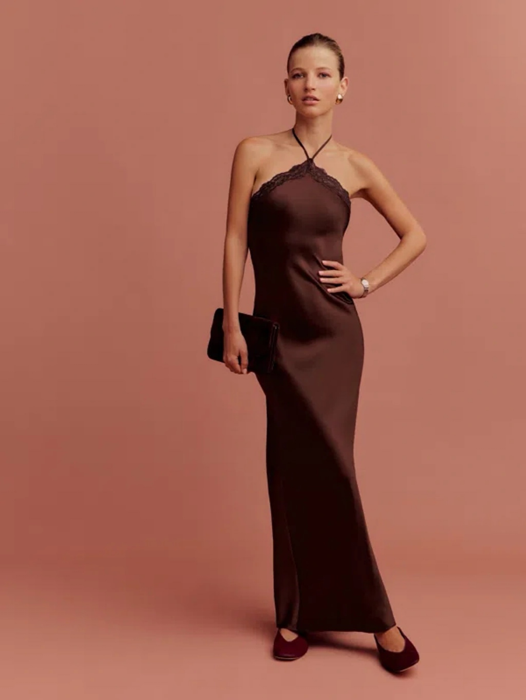 reformation brown halter dress silk lace trim midi by Reformation upsell-suits