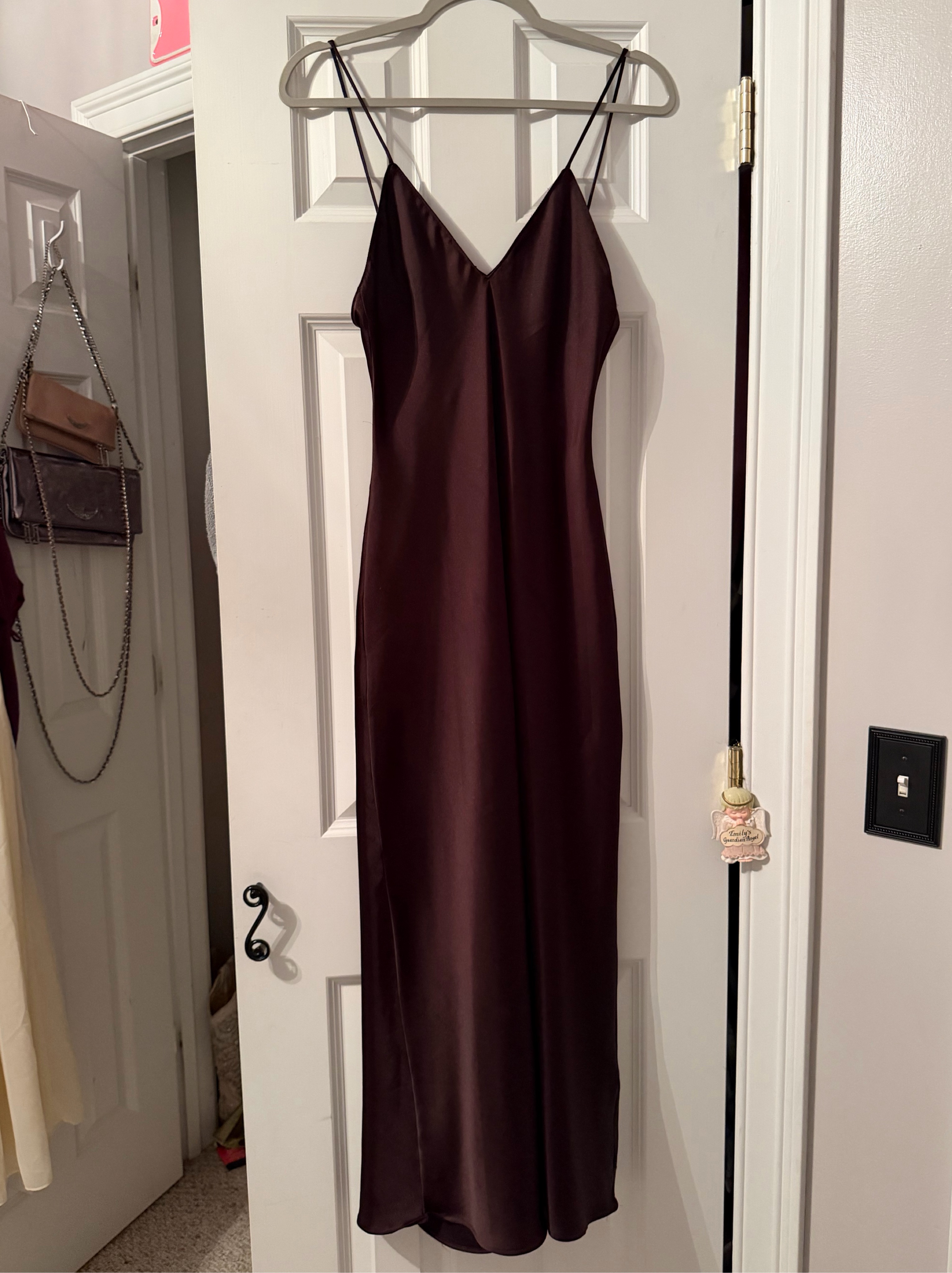 zara slip dress brown Brown satin slip dress with adjustable straps,