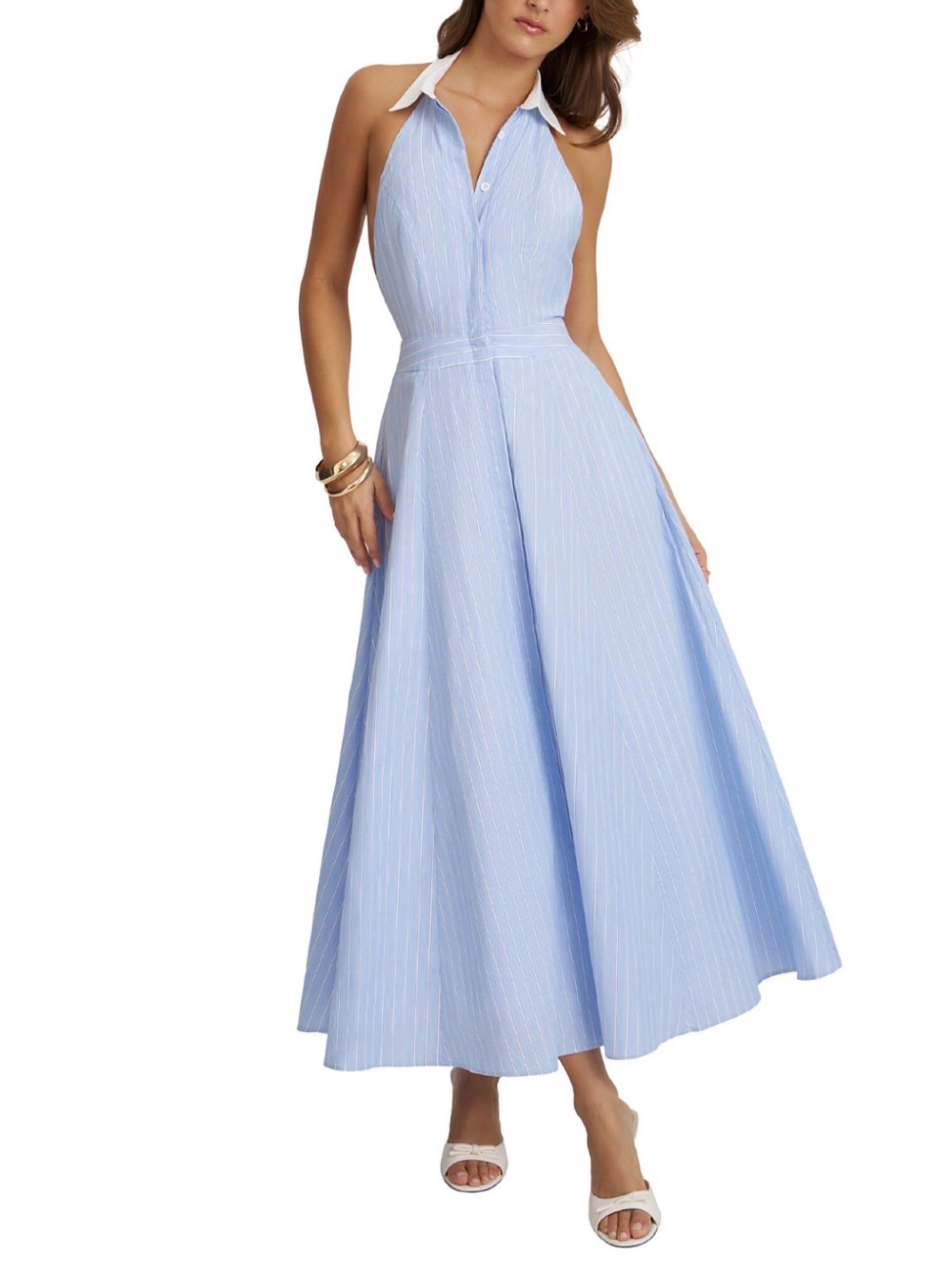 Light Blue Pinstriped Halter Midi Dress