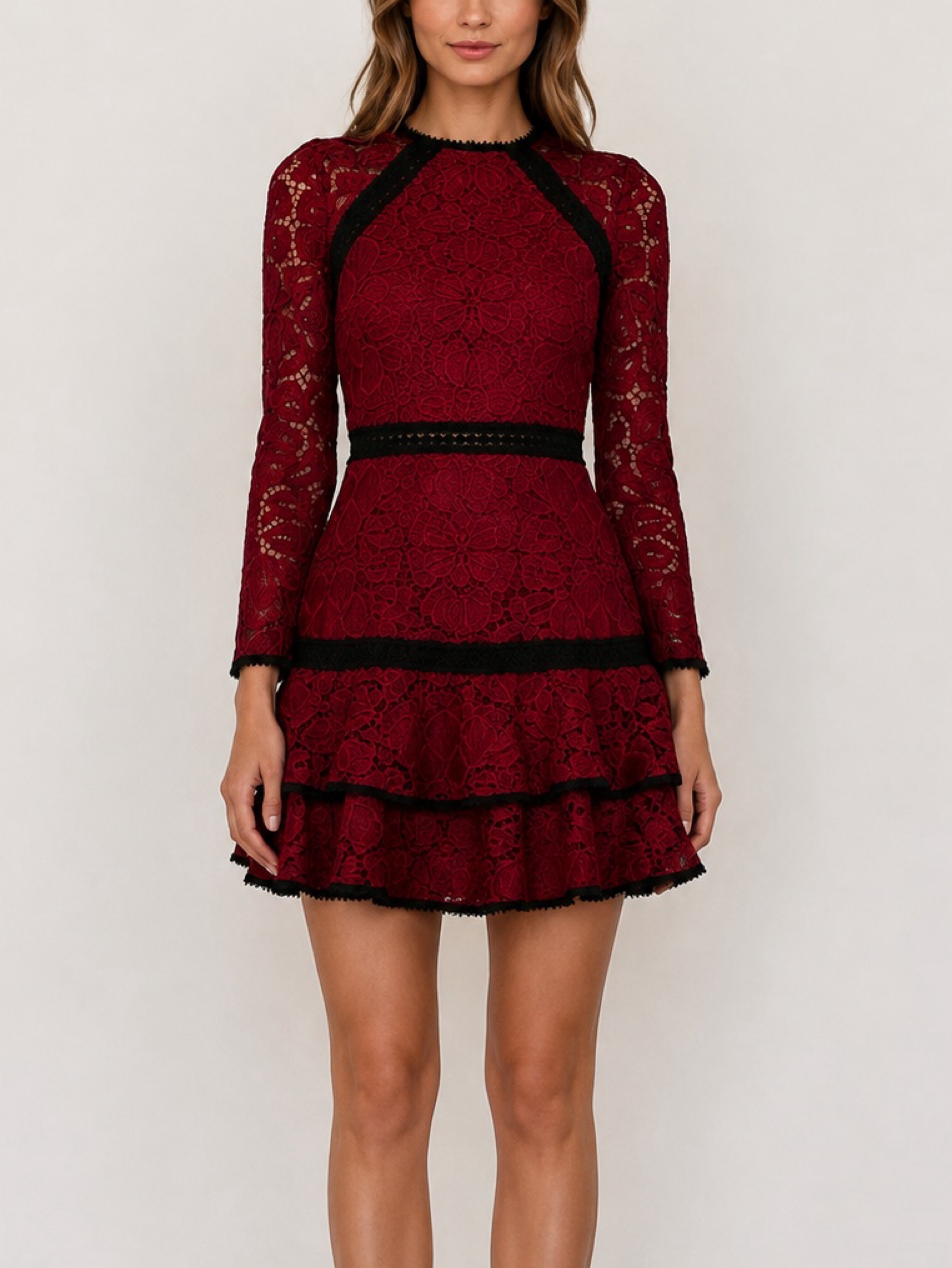 Alexis Kharis Red Lace Tiered Mini Dress