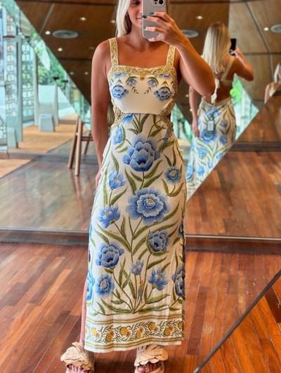 Farm Rio Blue & Yellow Floral Backless Midi Dress