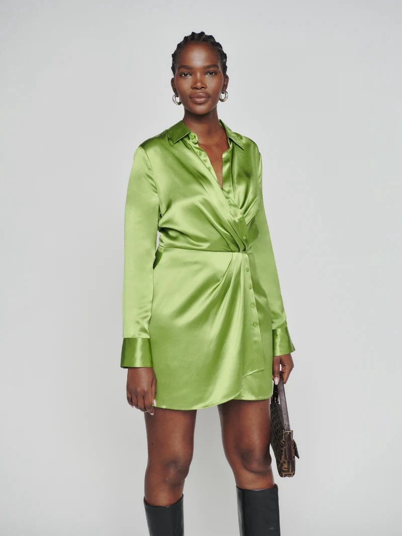 Reformation Alaine Satin Dress in Green