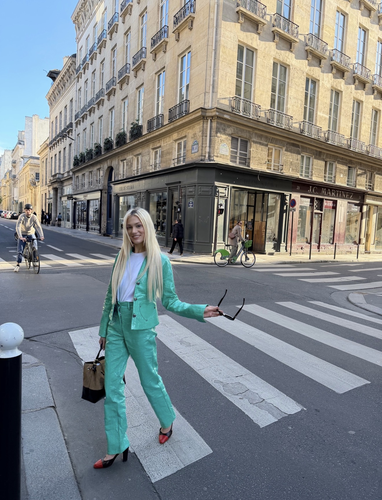 Saks Potts turquoise croc blazer+pants set