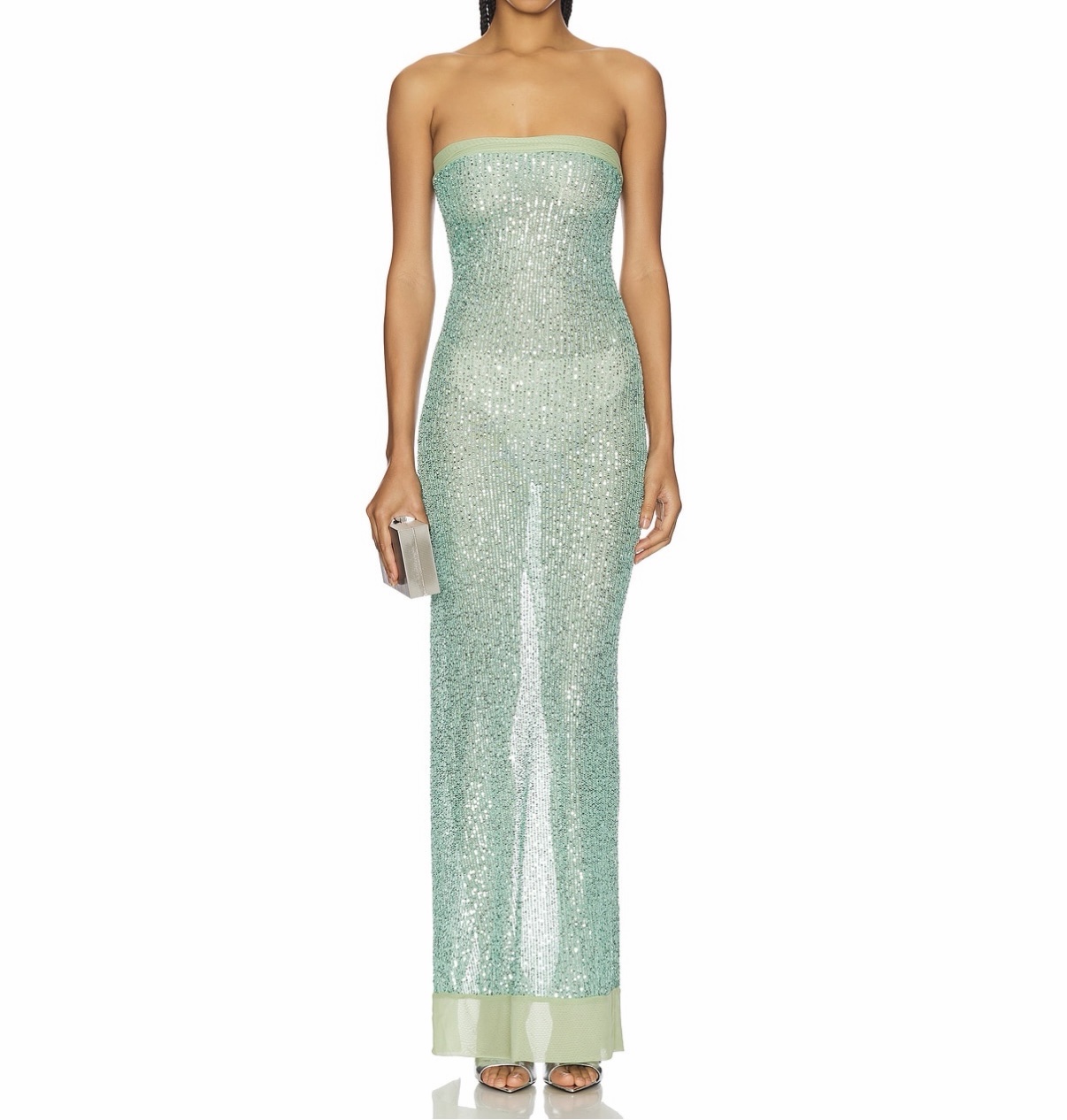 sage green sparkle dress Zapaka Women Sparkly Green Long Prom Dress with Slit Mermaid Spaghetti Straps Beaded Evening Dress, Sage / US6 main image 0