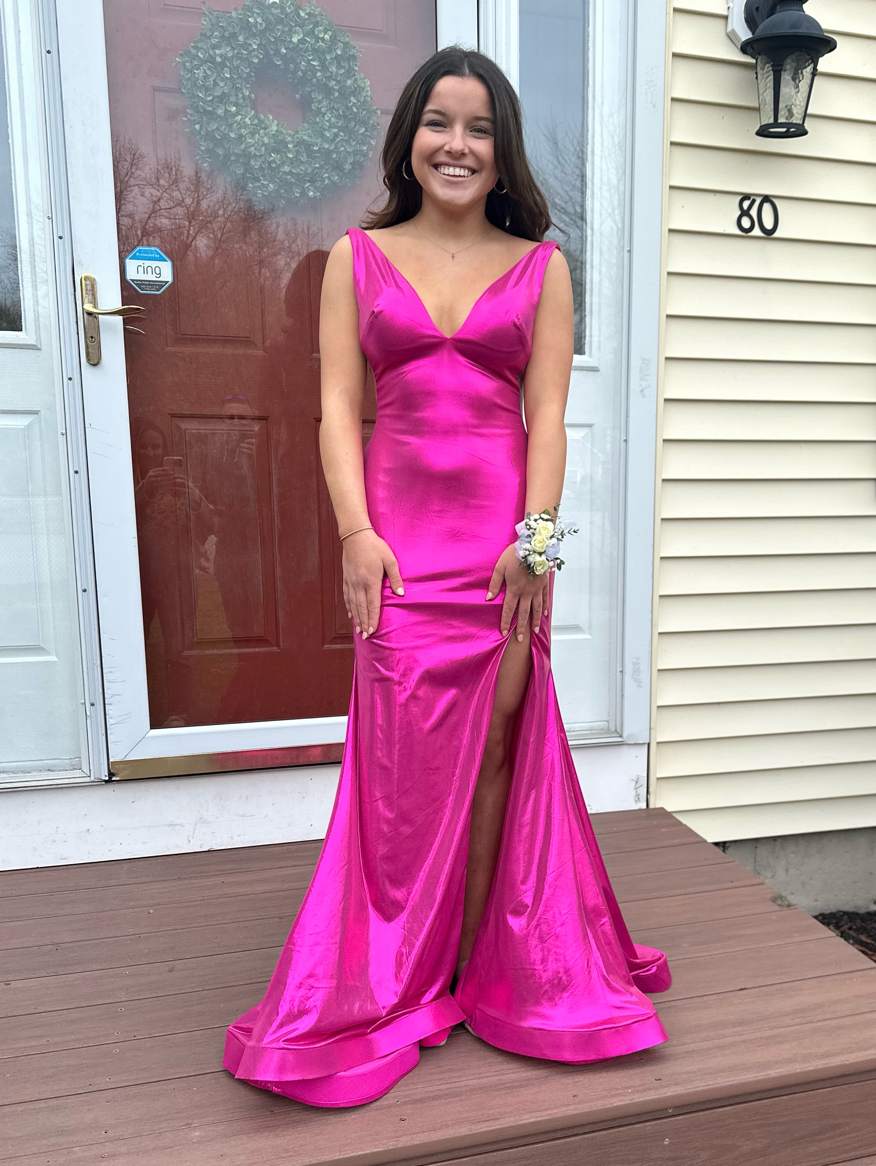 Jovani Pink Metallic Gown with Deep V-Neck (43577A)