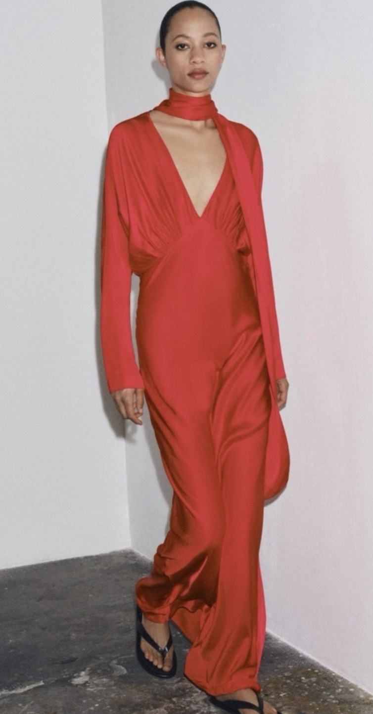 zara silk long sleeve dress Red Long Sleeve Satin Effect Scarf Dress by Zara