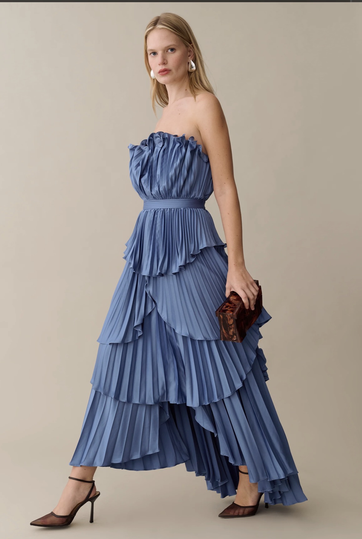 Blue Pleated Strapless Tiered Midi Dress by Few Moda - Pickle
