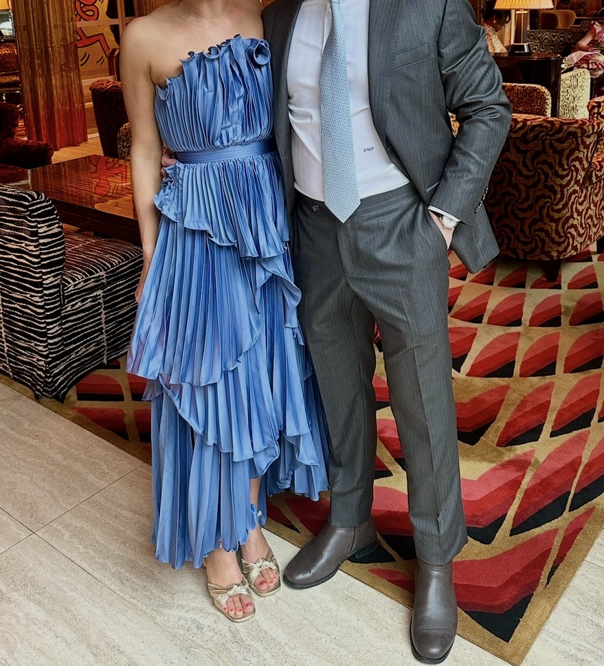 Blue Pleated Strapless Tiered Midi Dress