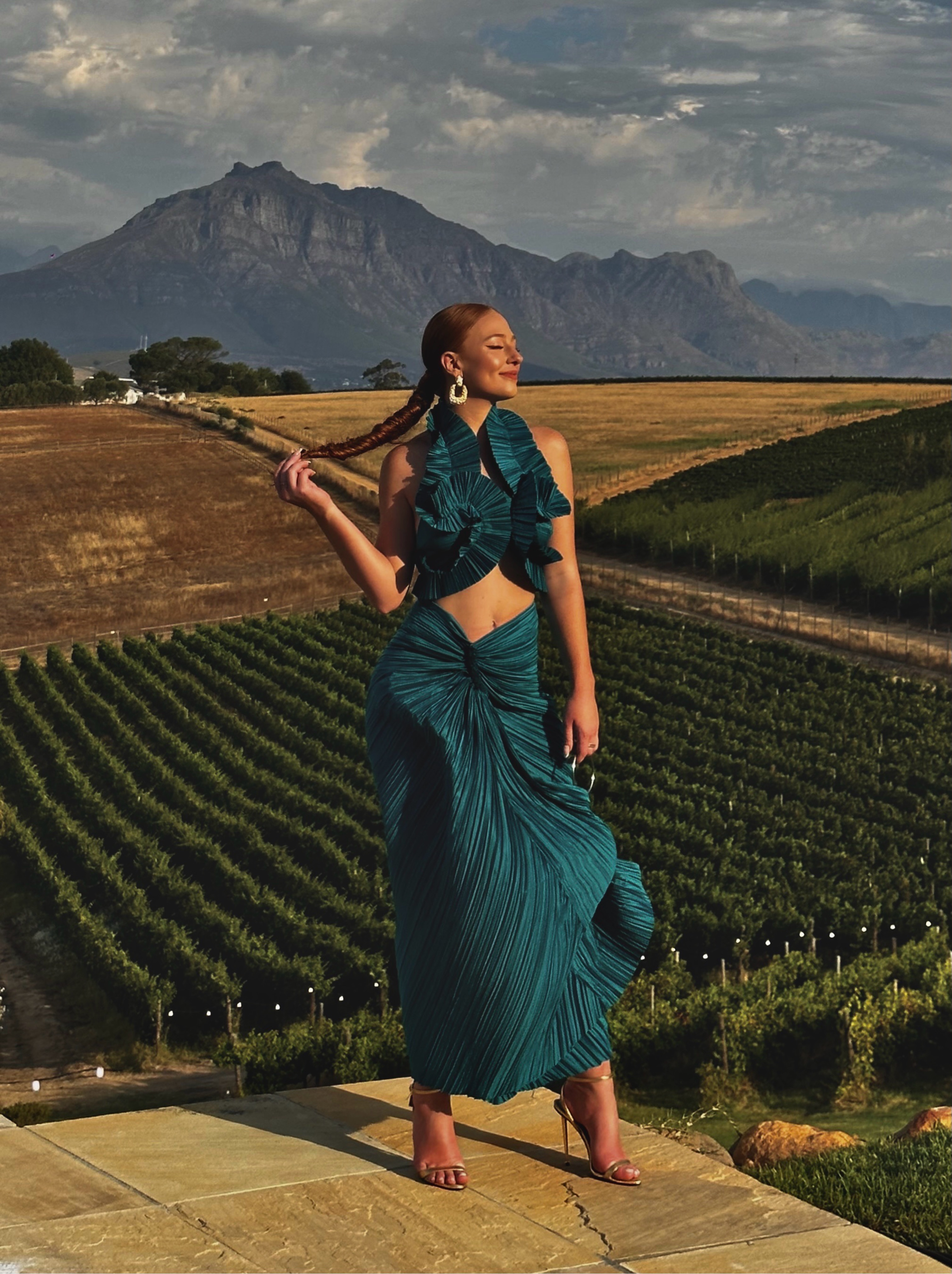 teal pleated midi dress Teal Sleeveless High Neck Pleated Midi Dress