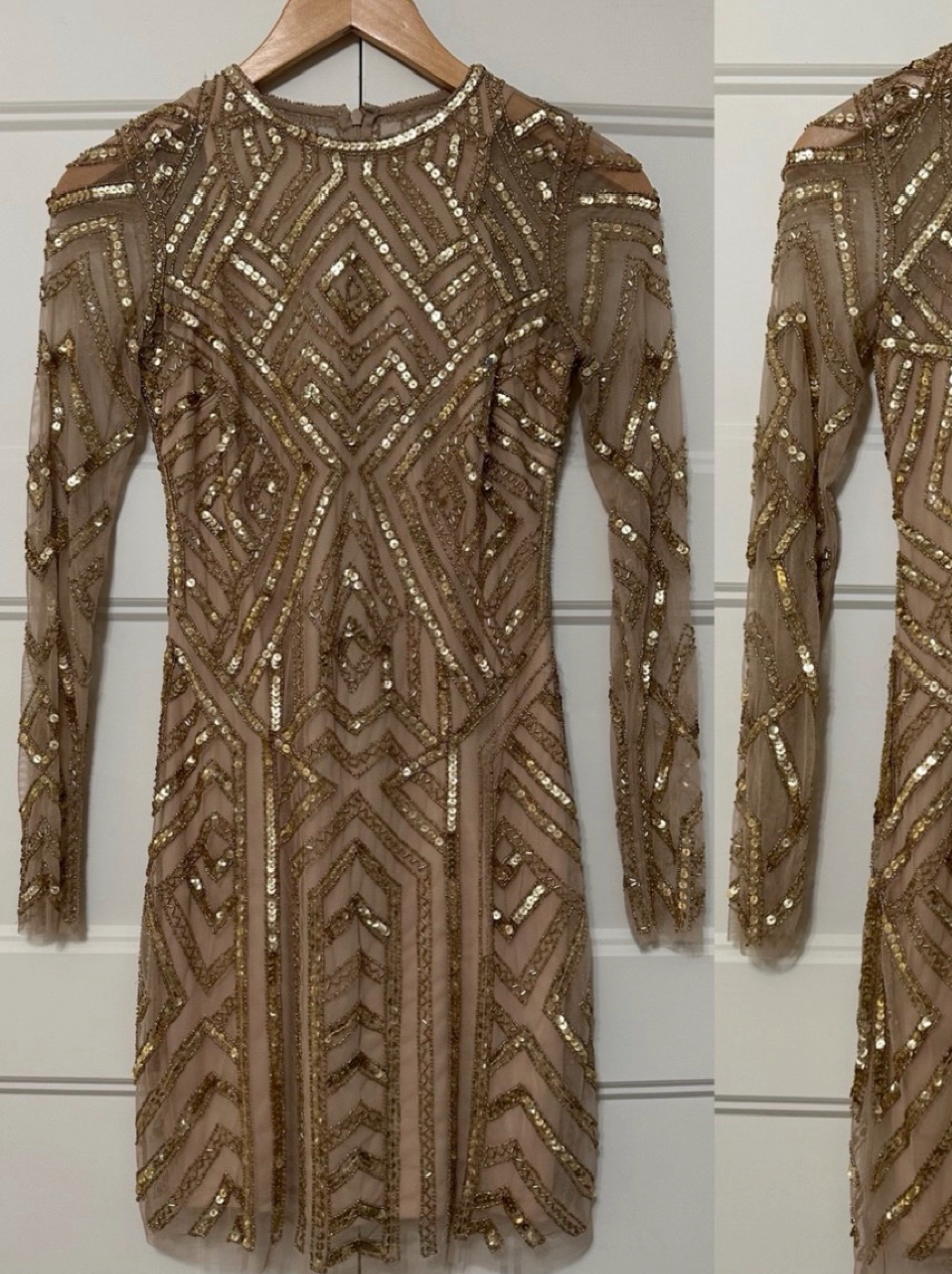 Gold Sequin Embellished Long Sleeve Mini Dress
