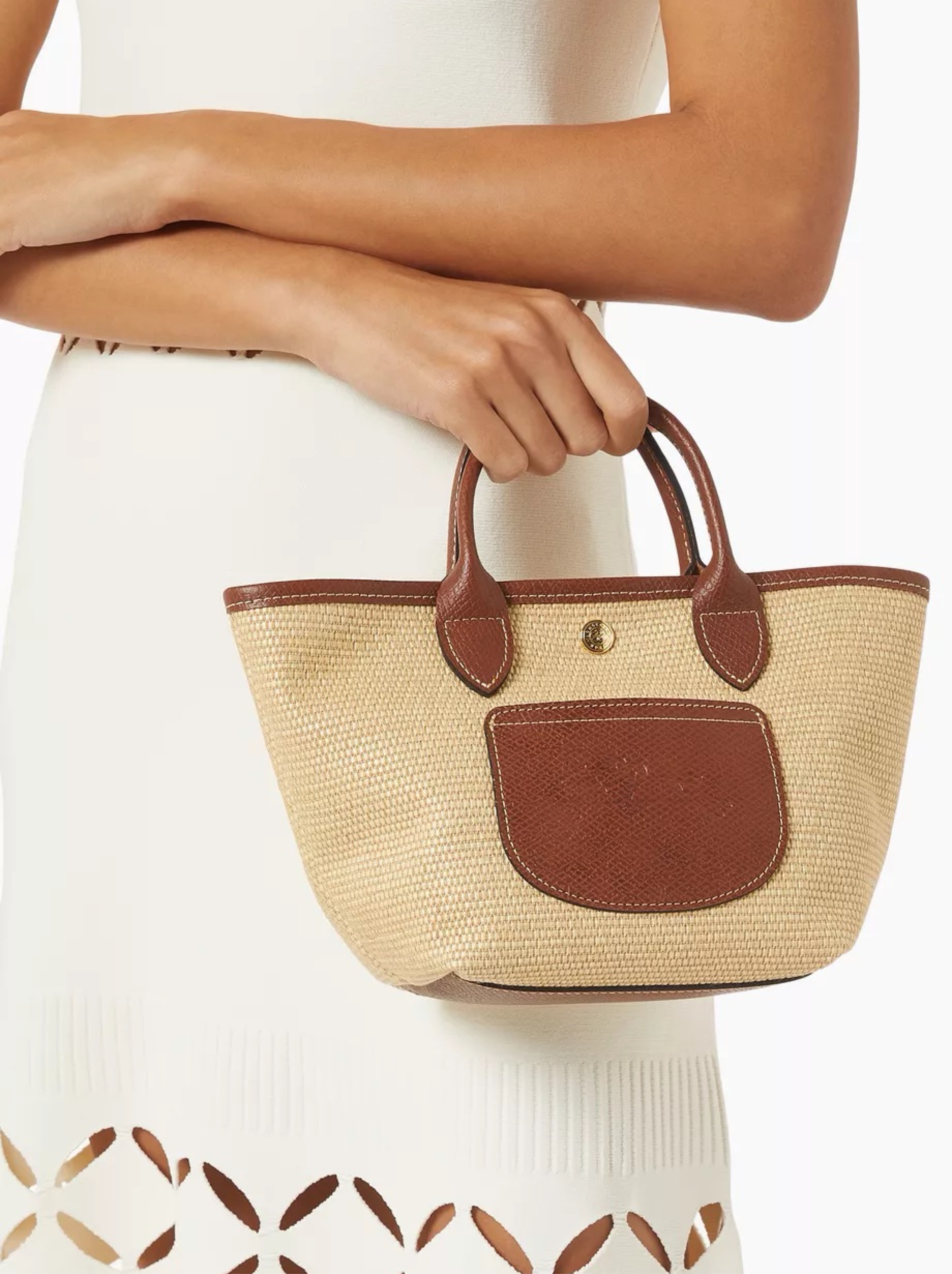 Longchamp Le Pilage Panier Top Handle Bag Extra Small in Raffia and Brown Leather
