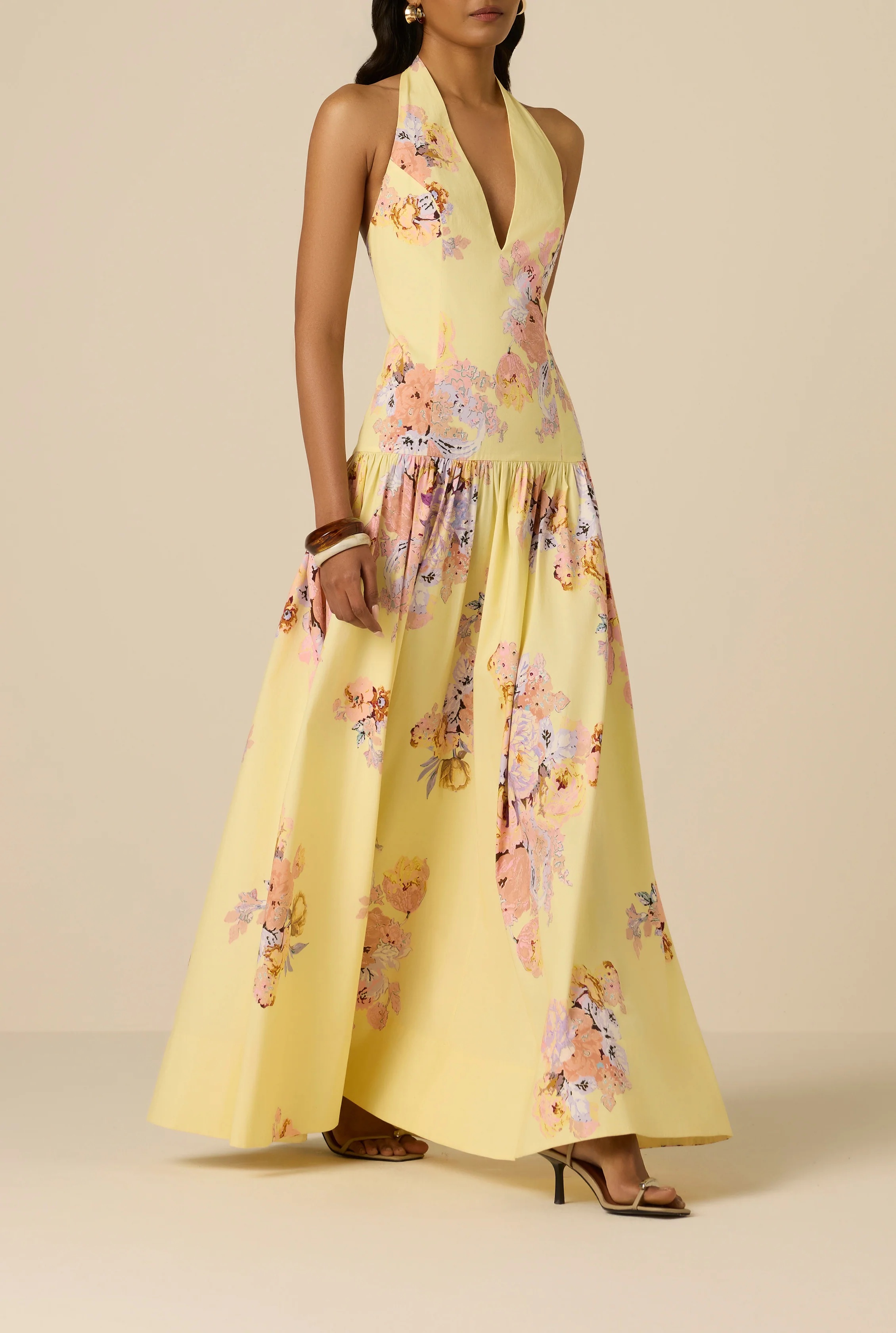 Hemant & Nandita Kysha Halter Maxi Dress in Yellow Floral