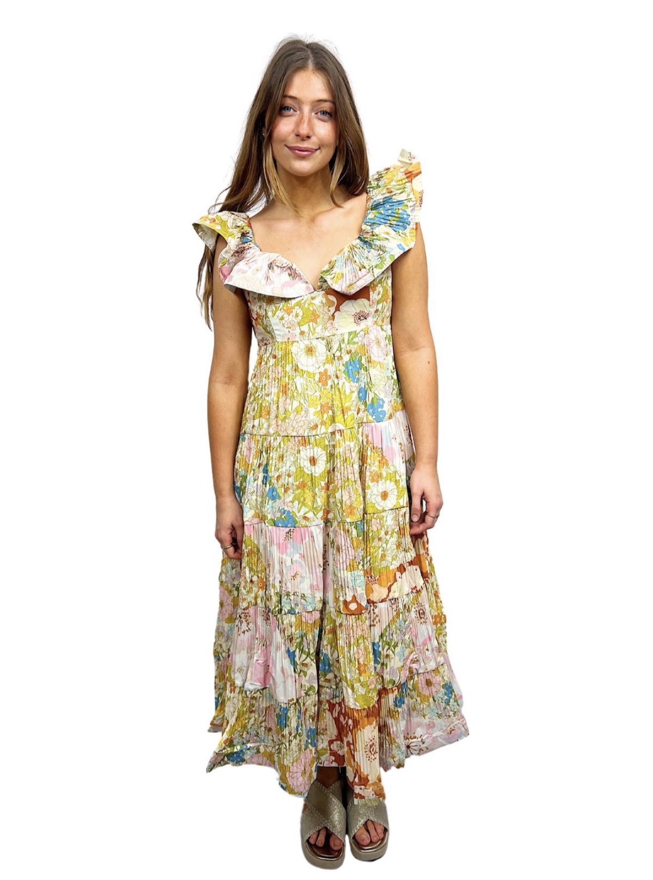 Beulah Rita Floral Ruffle Pleated Garden Party Midi Dress by Beulah - Pickle Beulah Rita Floral Ruffle Pleated Garden Party Midi Dress by Beulah - Pickle