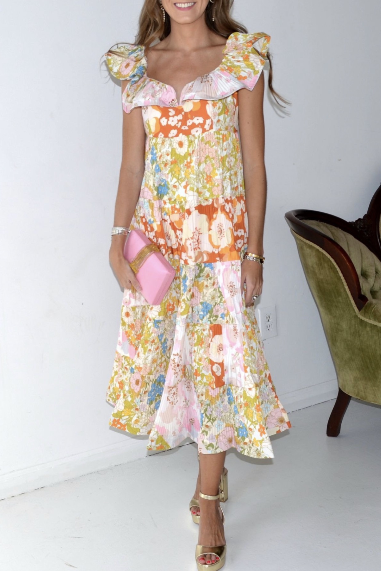 Beulah Rita Floral Ruffle Pleated Garden Party Midi Dress by Beulah - Pickle Beulah Rita Floral Ruffle Pleated Garden Party Midi Dress by Beulah - Pickle